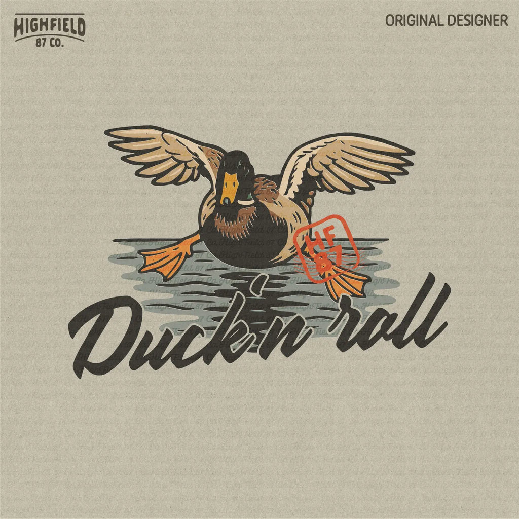 Funny duck hunting PNG illustration featuring a mallard duck mid-landing with wings spread and text below saying "Duck 'n Roll." Perfect for hunting shirt designs or sublimation.