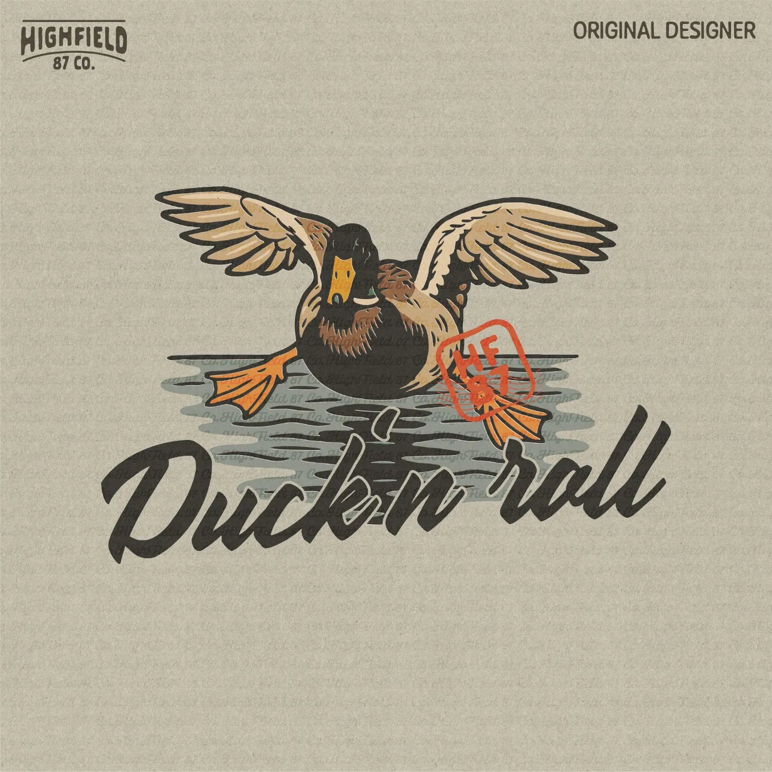 Funny duck hunting PNG illustration featuring a mallard duck mid-landing with wings spread and text below saying "Duck 'n Roll." Perfect for hunting shirt designs or sublimation.