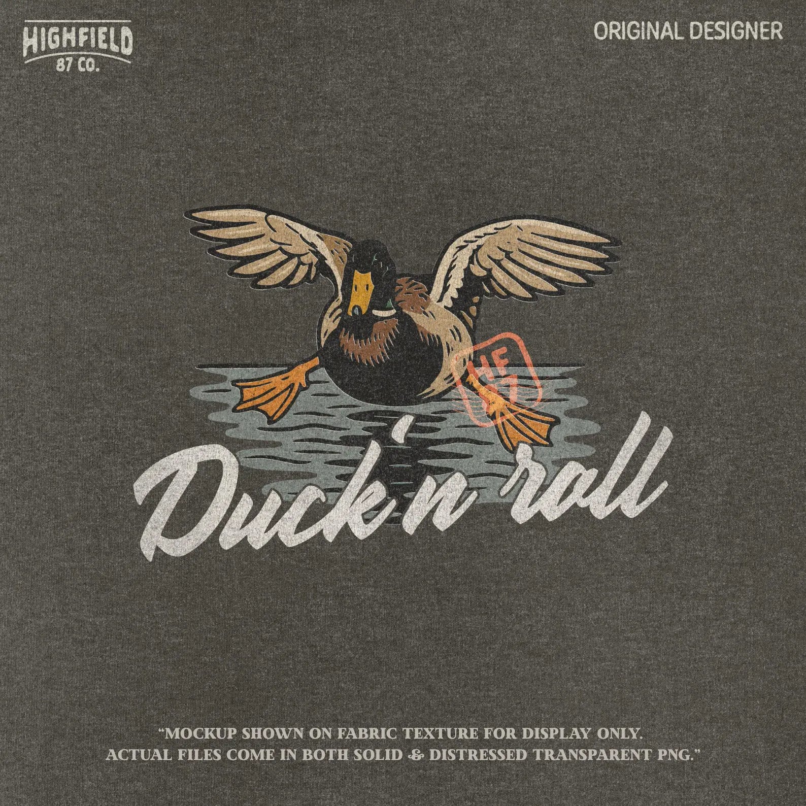 Flying mallard duck graphic landing on water with comical phrase “Duck 'n Roll” in bold cursive font. PNG with transparent background for t-shirt or decal use.