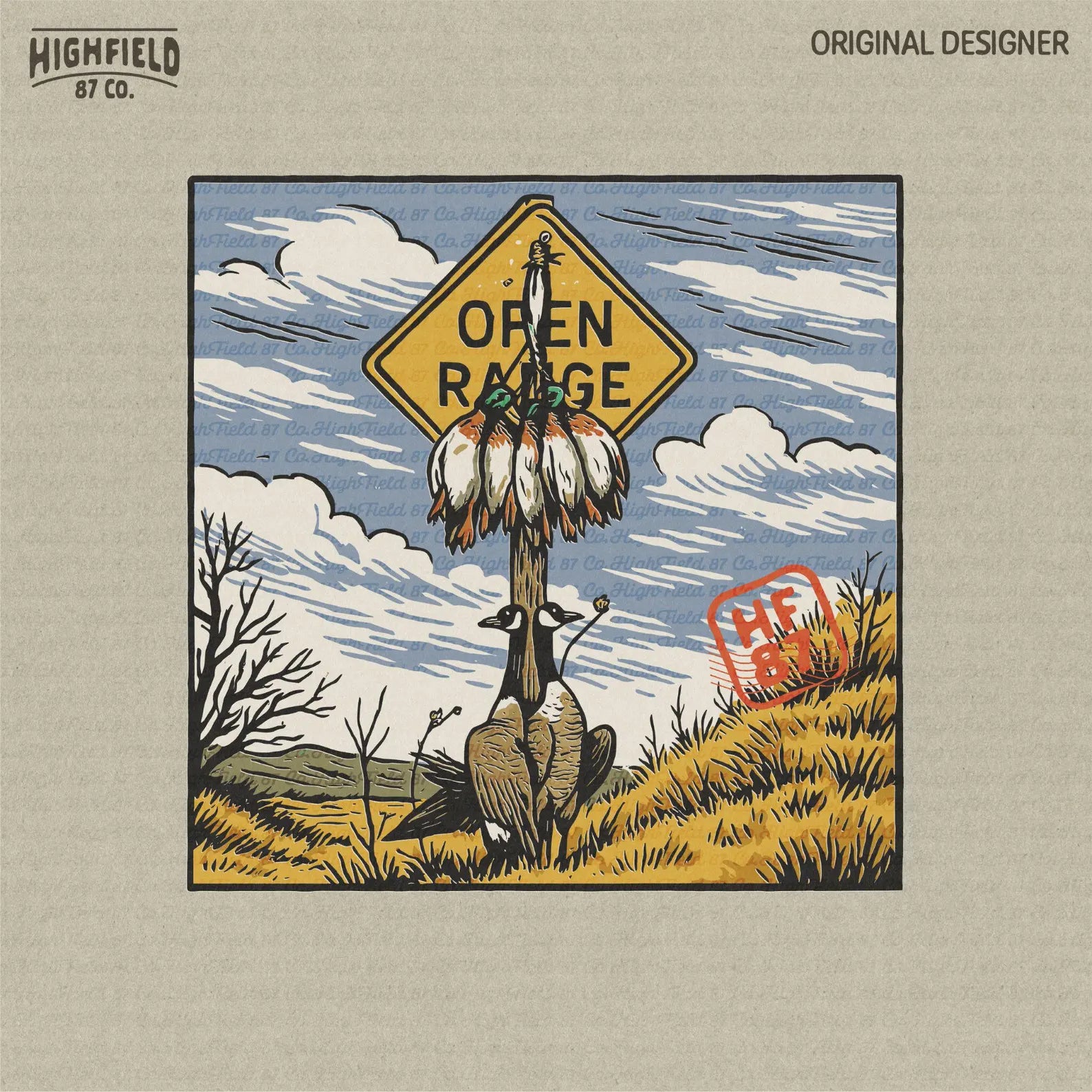 Digital illustration of a humorous hunting scene showing mallard ducks tied to a wooden post in front of an “OPEN RANGE” road sign. Two geese rest at the bottom. PNG for duck hunting designs.