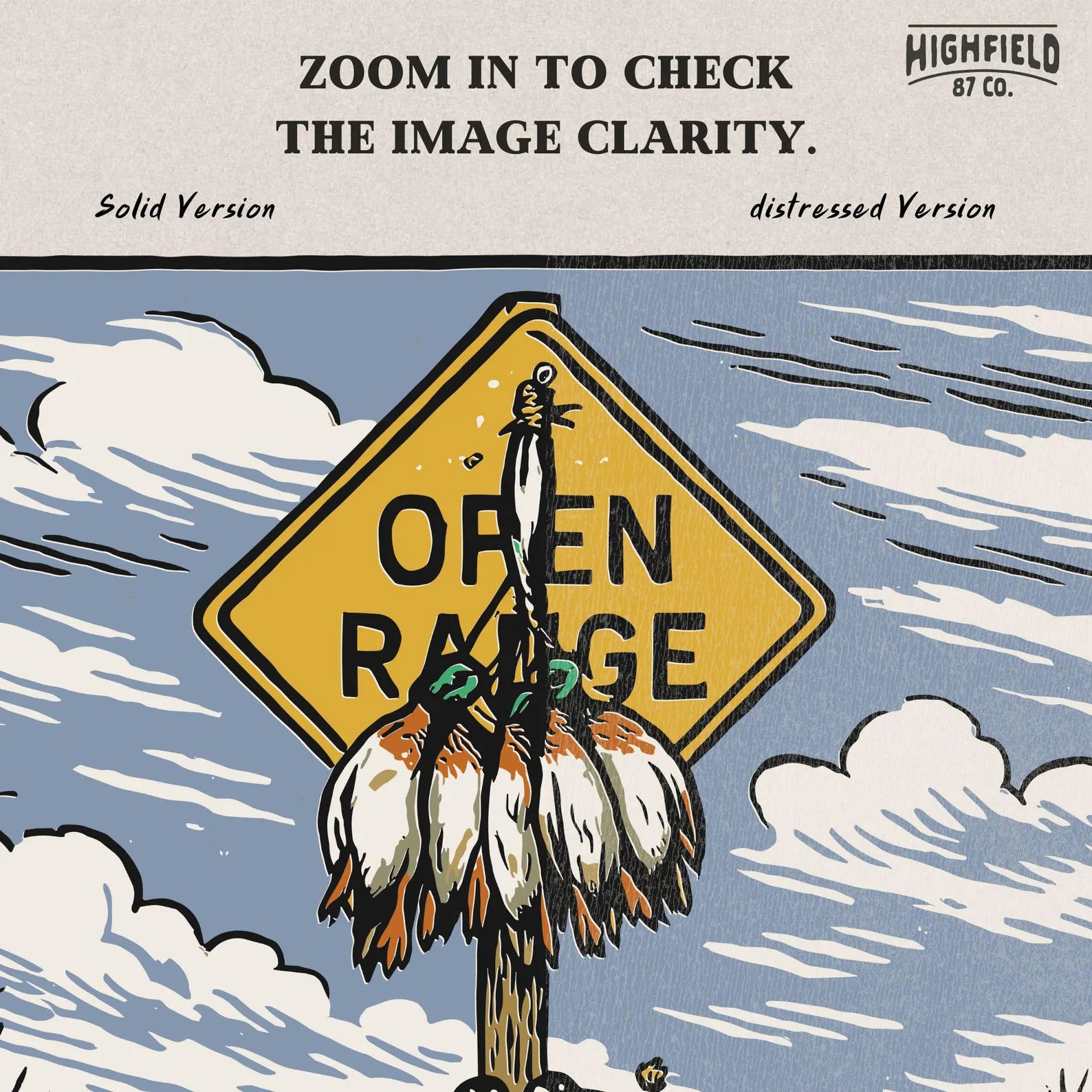 Cartoon-style waterfowl art depicting harvested ducks hung on an "OPEN RANGE" sign. Two Canadian geese rest near the base. Transparent PNG file for outdoor digital projects.