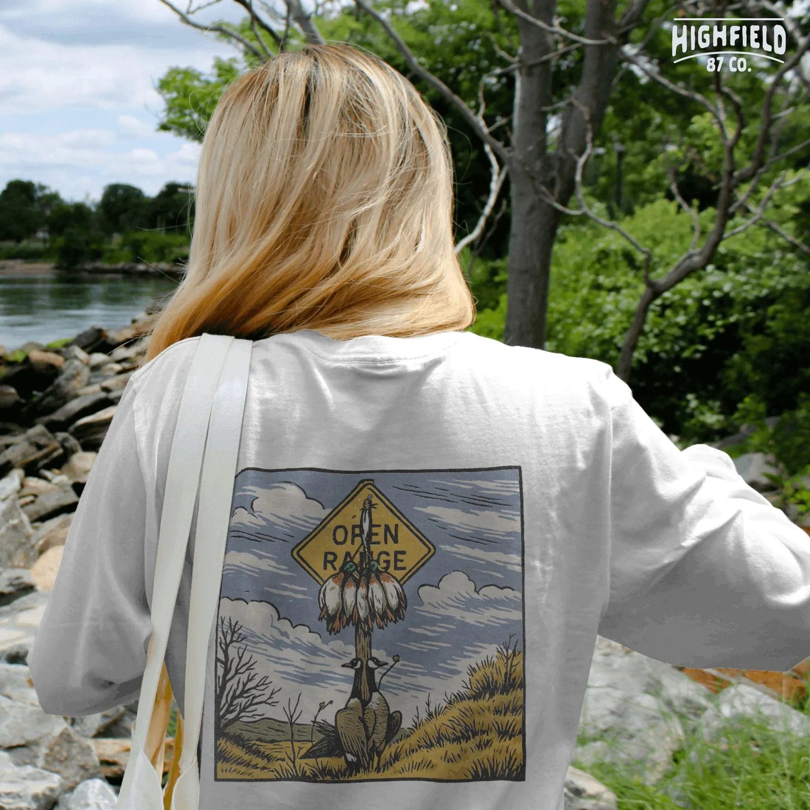 Hunting humor PNG with open countryside, ducks tied to a post, and geese sitting near grass. Designed for duck hunters who enjoy rustic or sarcastic visuals.
