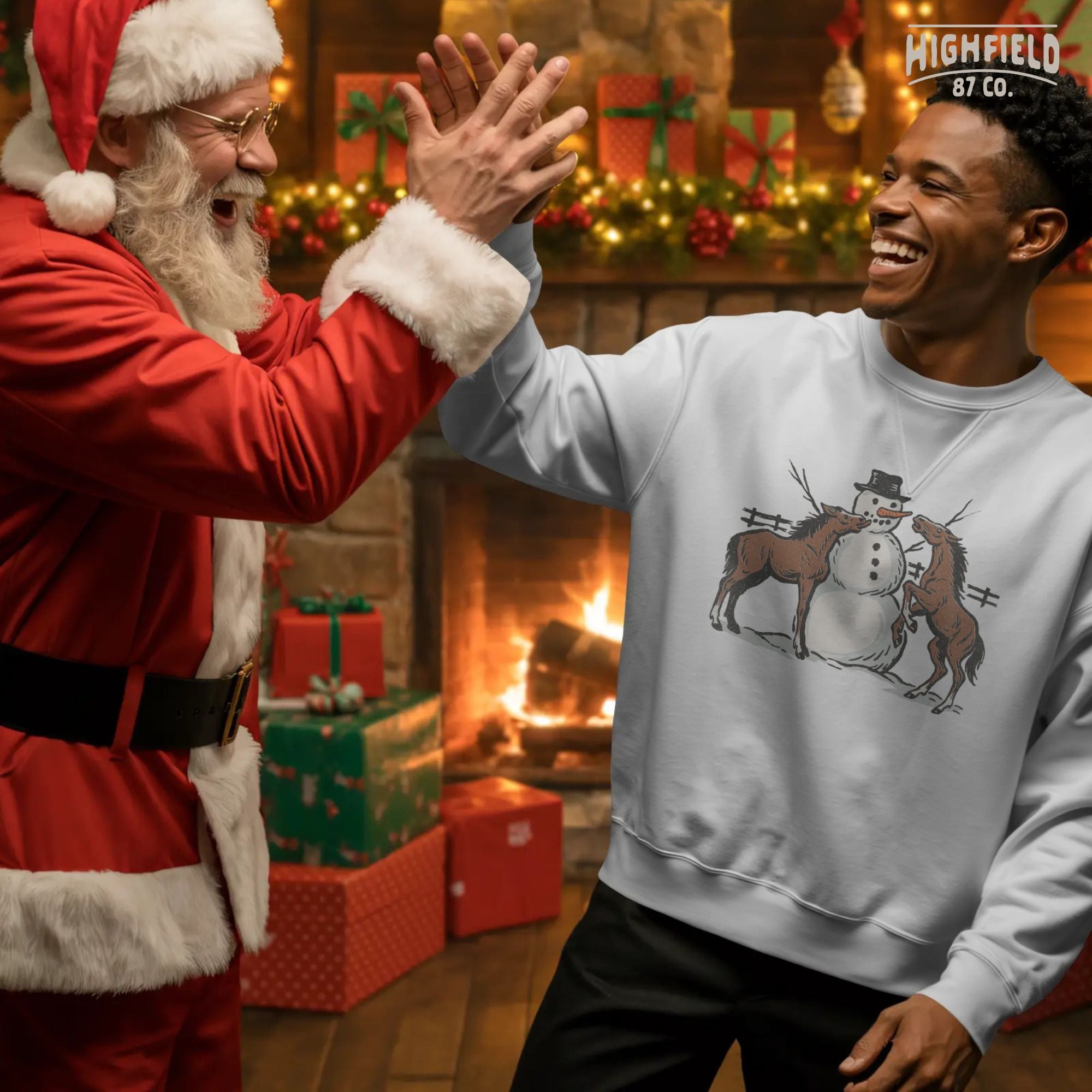 Christmas horse PNG showing rural snowy scene with horses and snowman, perfect for country-style gifts.