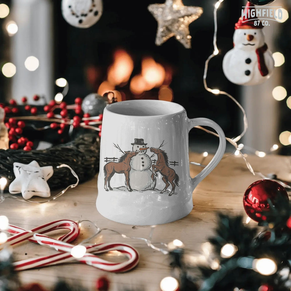 Equestrian Christmas PNG featuring cute horse pair with snowman, fun design for t-shirts, mugs, and holiday cards.