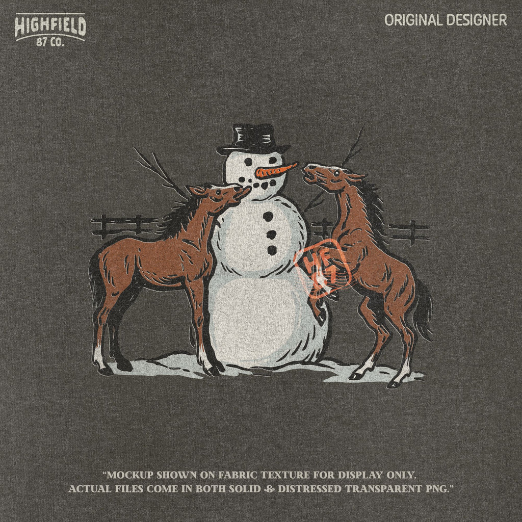 Funny horse PNG featuring two horses and snowman in snowy field, ideal for horse lovers’ Christmas apparel designs.