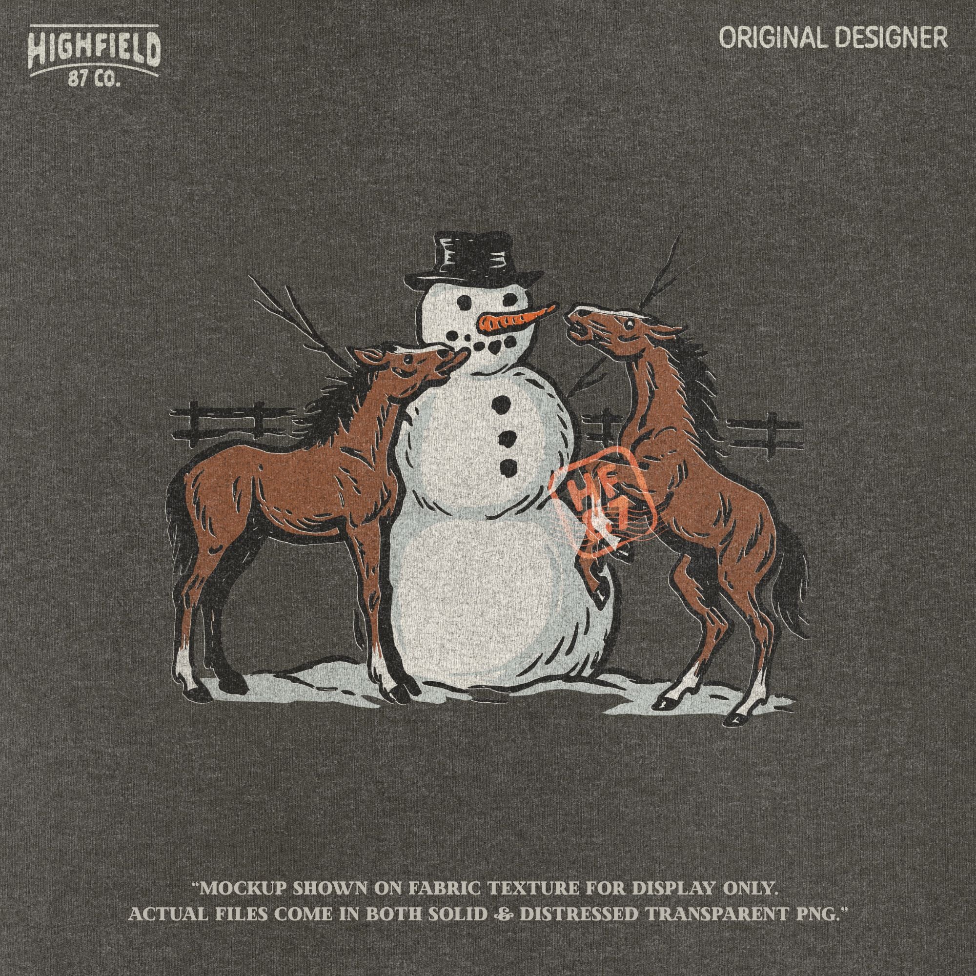 Funny horse PNG featuring two horses and snowman in snowy field, ideal for horse lovers’ Christmas apparel designs.