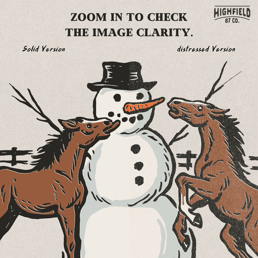 Farm animal Christmas PNG with playful horses near snowman, winter holiday illustration for equestrian gifts.