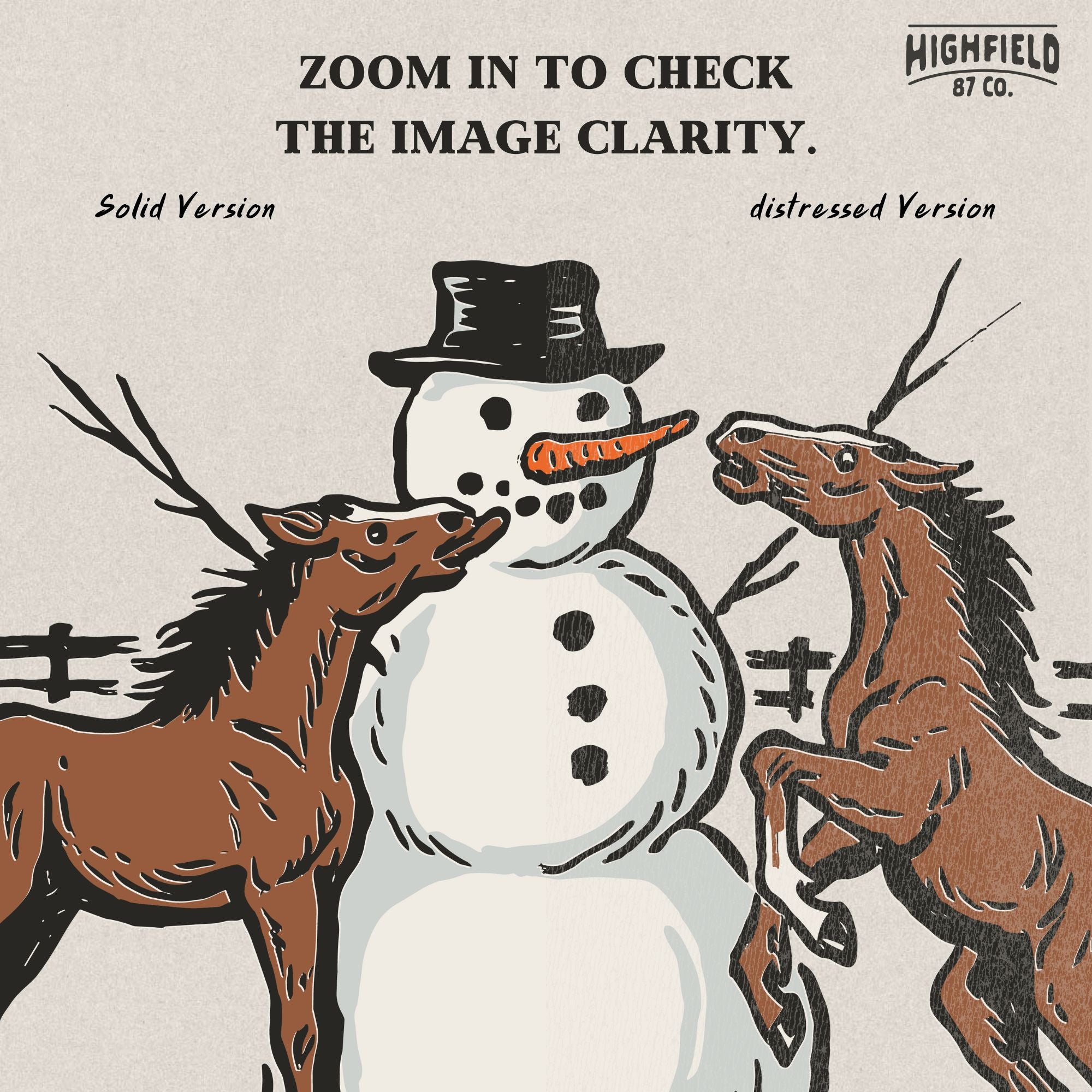 Farm animal Christmas PNG with playful horses near snowman, winter holiday illustration for equestrian gifts.