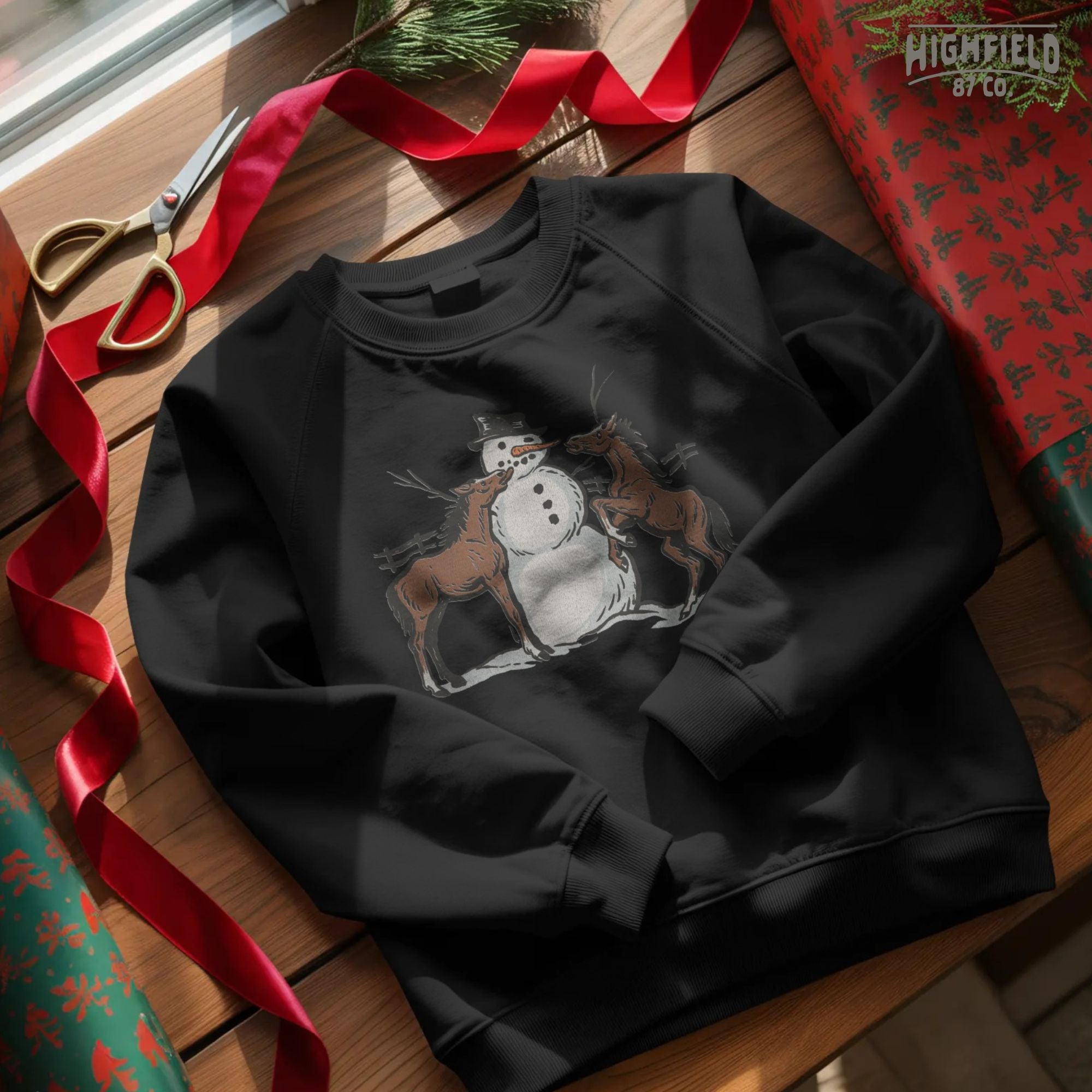 Horse lover Christmas PNG with funny snowman scene, perfect for equestrian holiday sublimation projects.