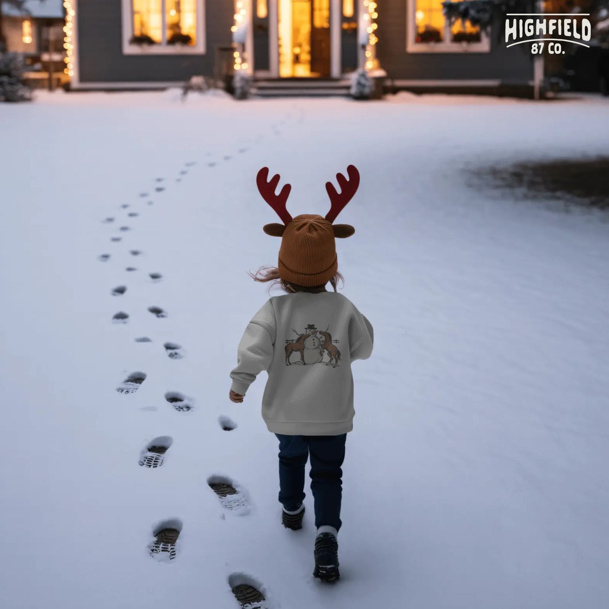 Country Christmas PNG featuring horses and snowman, hand-drawn winter design for rural holiday shirts.