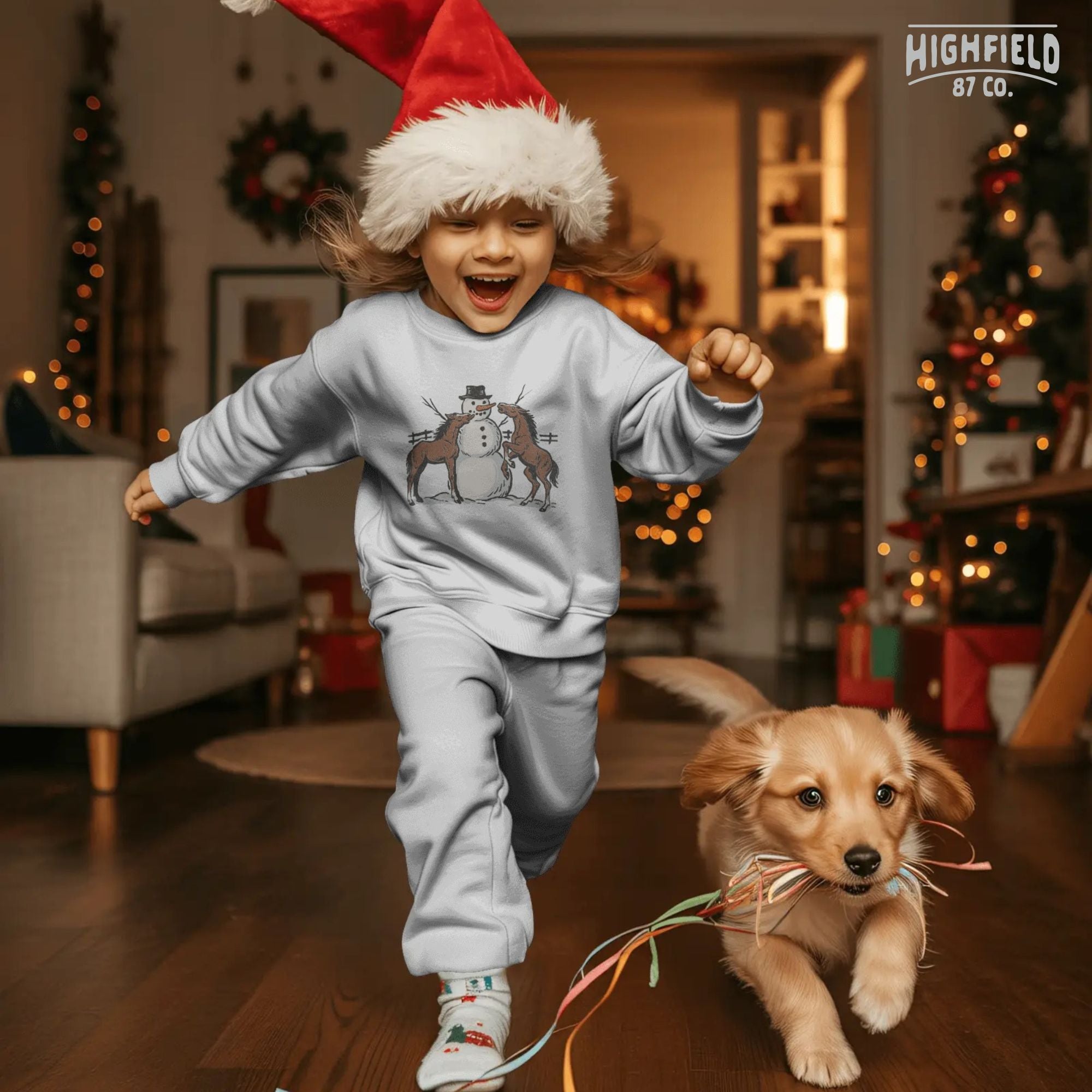 Farm Christmas PNG showing two playful horses with snowman, festive clipart for holiday apparel.