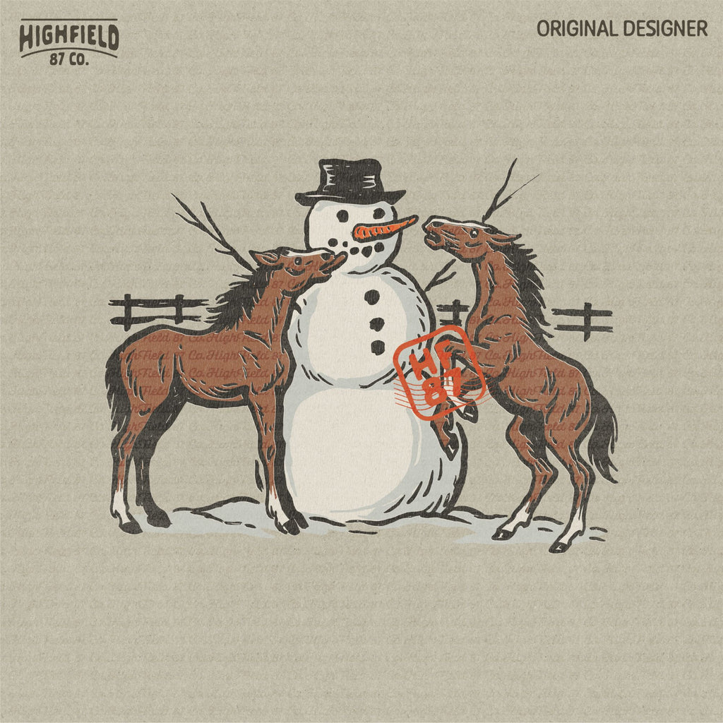 Horse Christmas PNG showing two brown horses playing with snowman wearing black hat, perfect for funny farm winter shirt design.