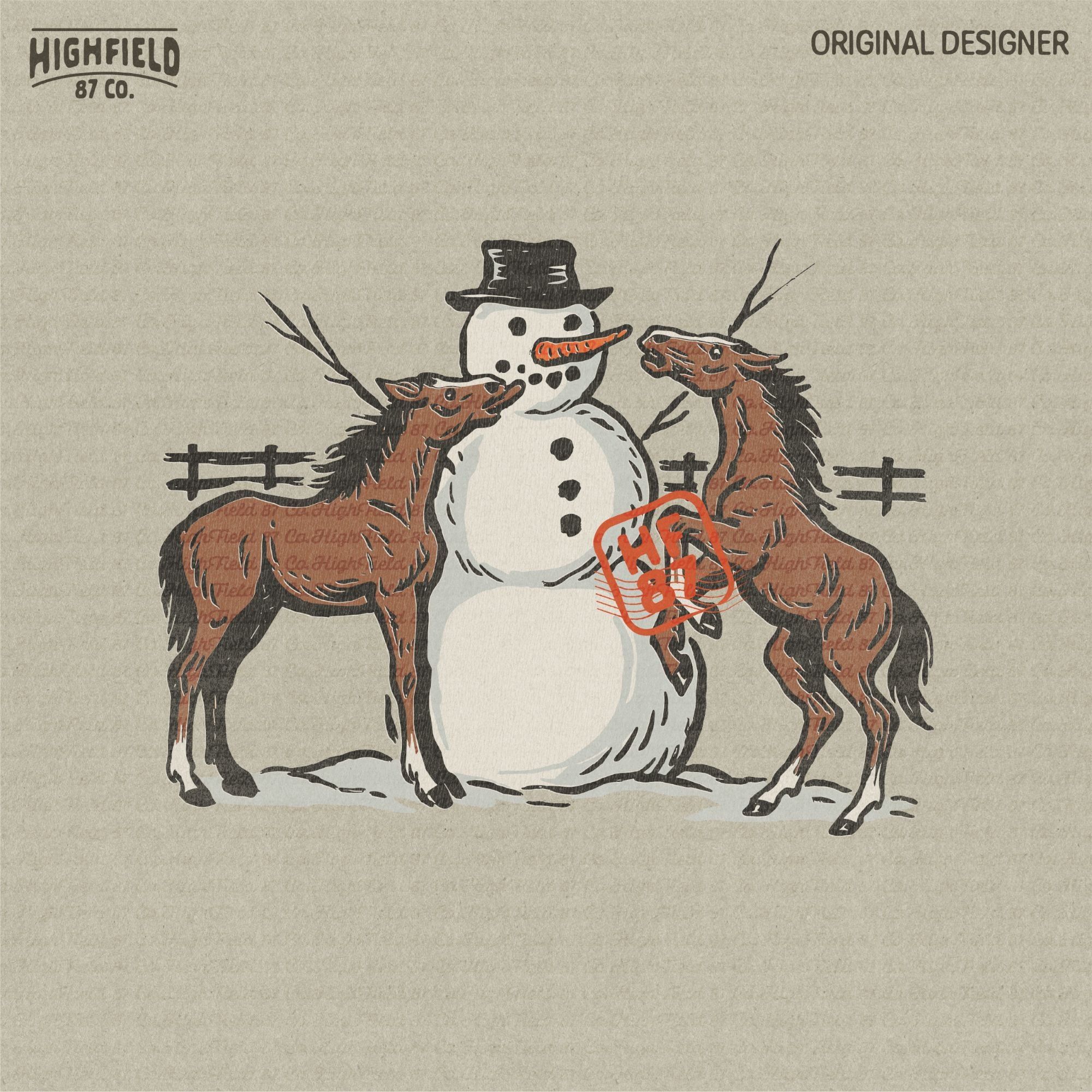 Horse Christmas PNG showing two brown horses playing with snowman wearing black hat, perfect for funny farm winter shirt design.