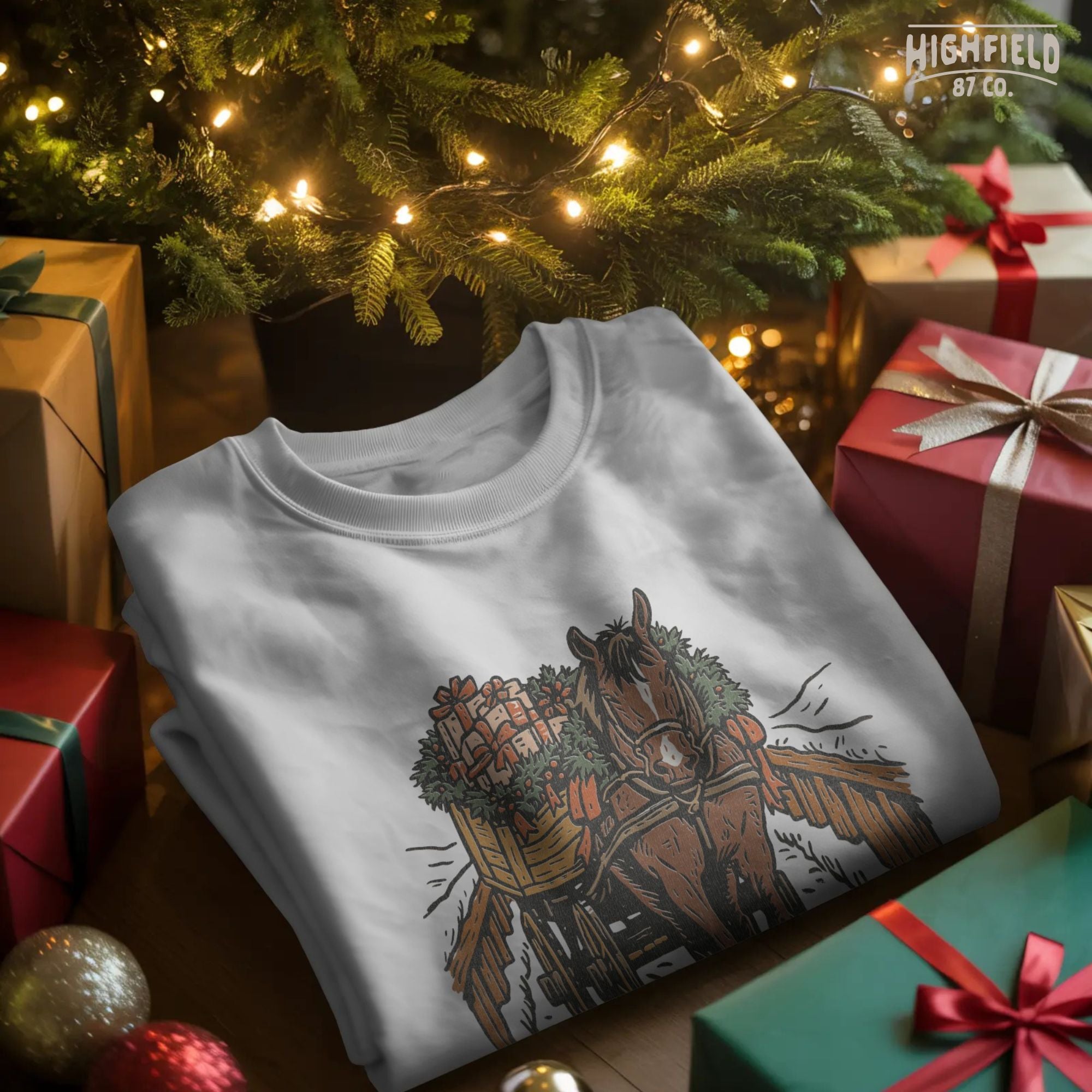 Horse Christmas Wagon PNG | Farm Horse with Gifts Clipart, Country Winter Scene Shirt Design | Digital Download