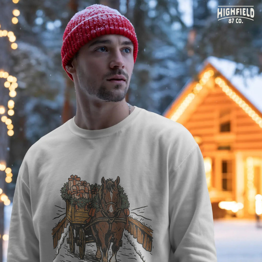 Horse Christmas Wagon PNG | Farm Horse with Gifts Clipart, Country Winter Scene Shirt Design | Digital Download