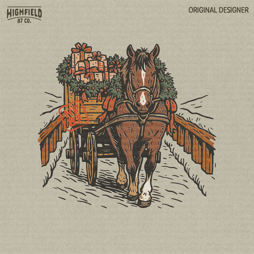 Horse Christmas Wagon PNG | Farm Horse with Gifts Clipart, Country Winter Scene Shirt Design | Digital Download