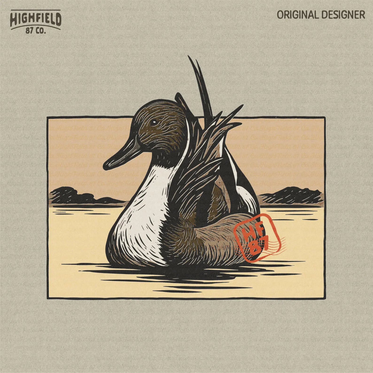 Pintail duck PNG showing a brown and white drake floating on calm water, hand-drawn hunting illustration perfect for outdoorsman shirt design.