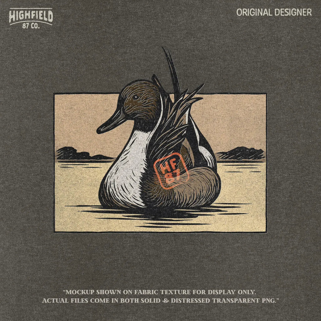 Realistic pintail duck PNG showing calm floating pose with soft beige sky and water reflections, ideal for duck hunting projects.