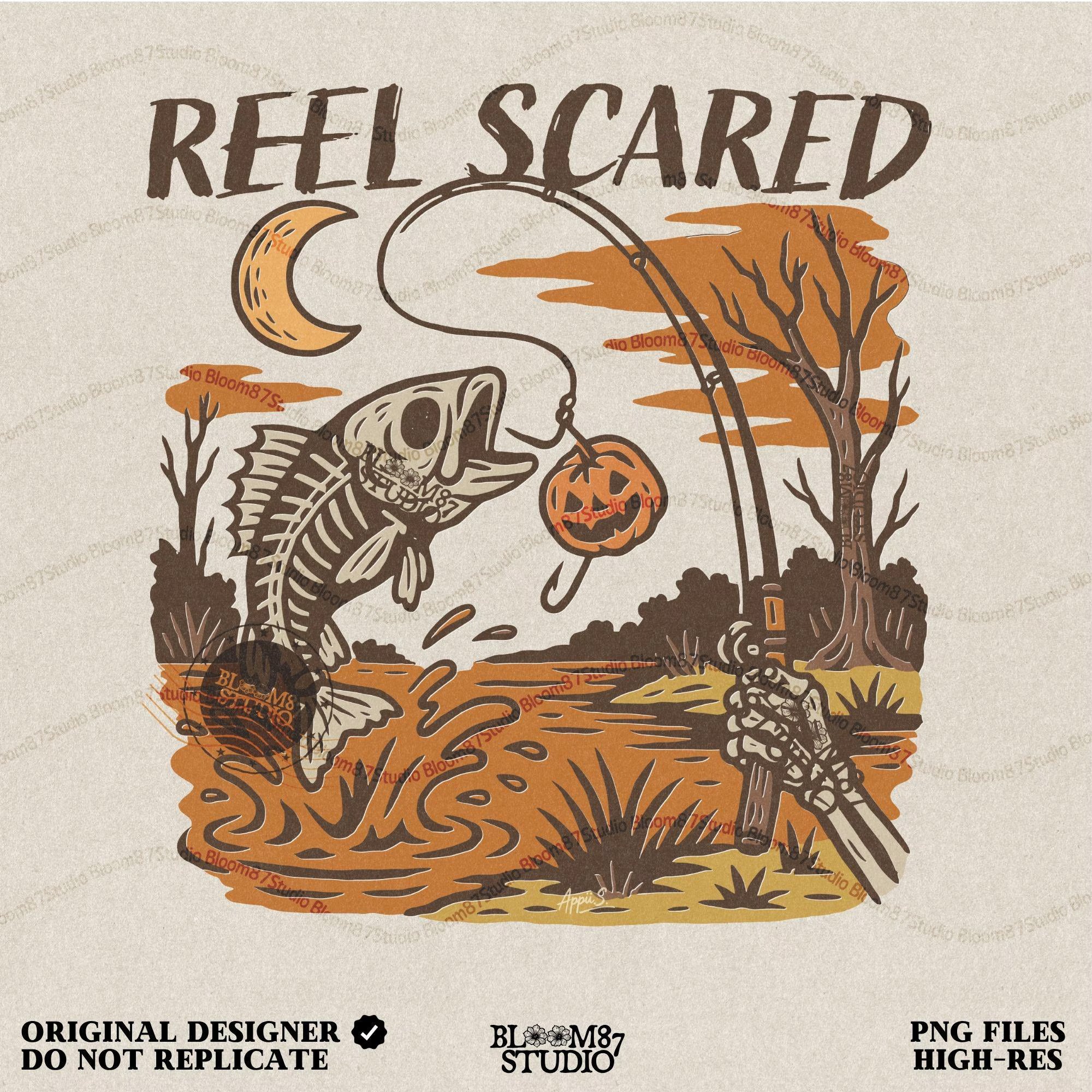 Illustration of a fish skeleton with a pumpkin on a fishing hook, surrounded by trees and a moon, with 'Reel Scared' text.