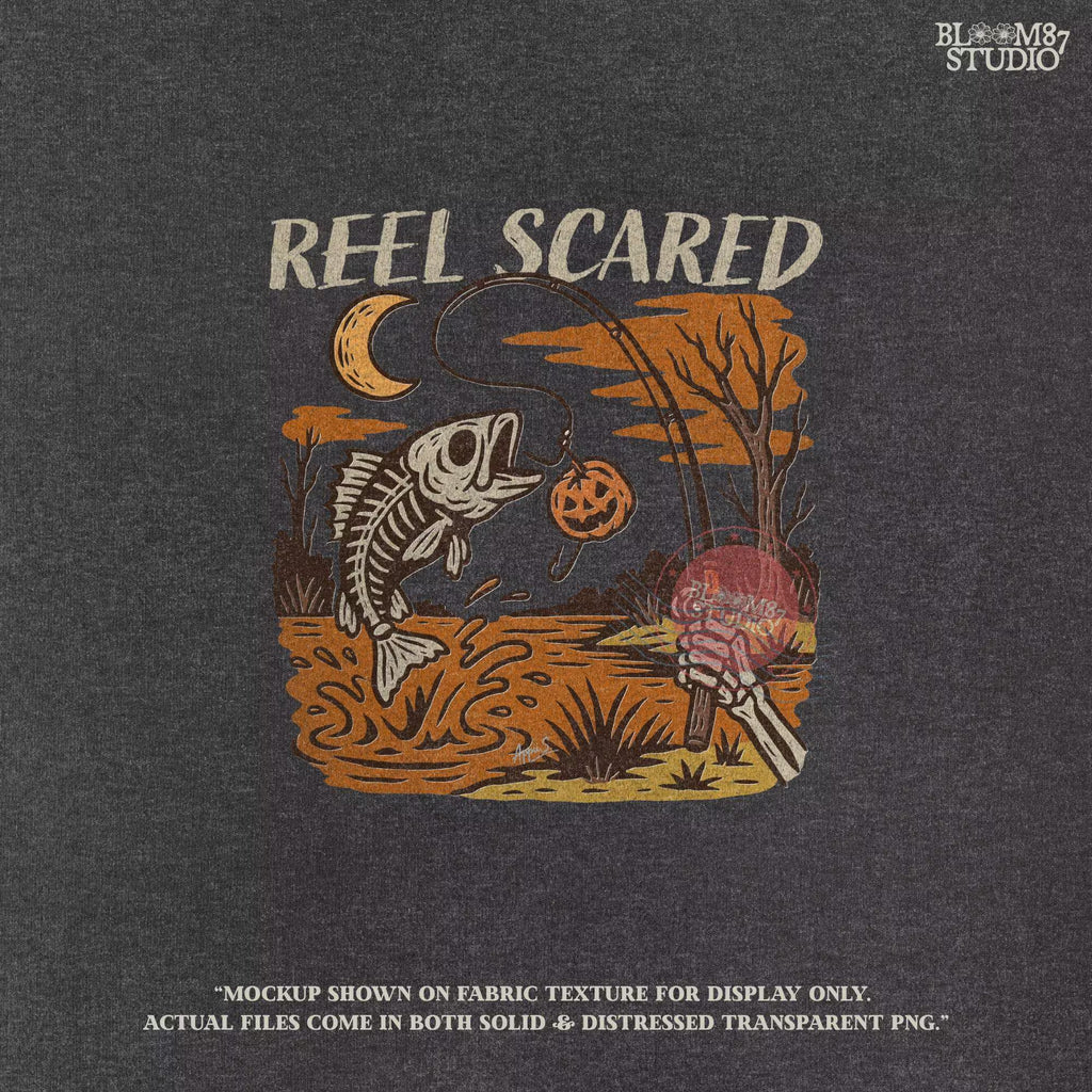 Dark gray t-shirt with 'Reel Scared' graphic design featuring a fish skeleton, pumpkin, and moon.