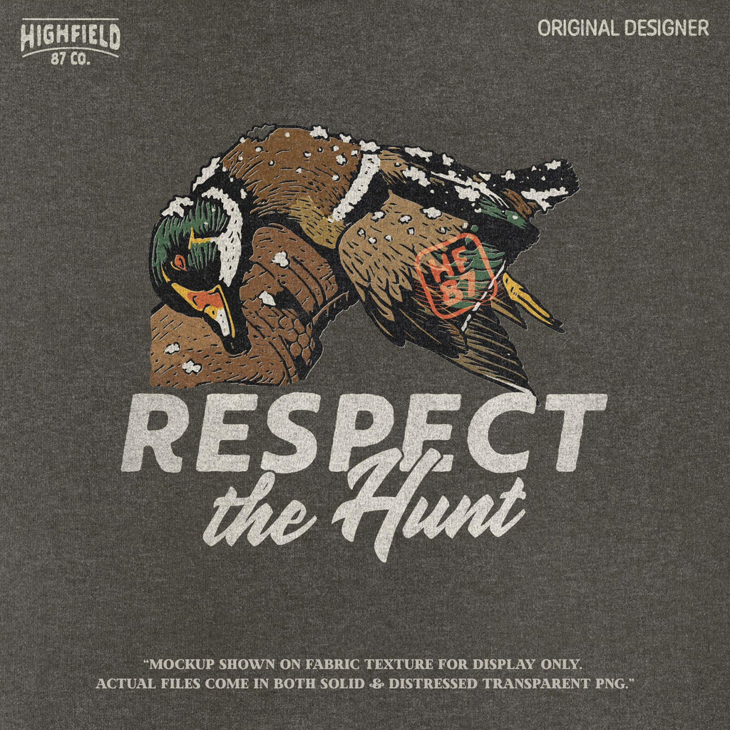 Mallard duck sublimation PNG with snow detail, displaying realistic feather textures and strong winter hunting vibes. Text underneath reads “Respect the Hunt.”