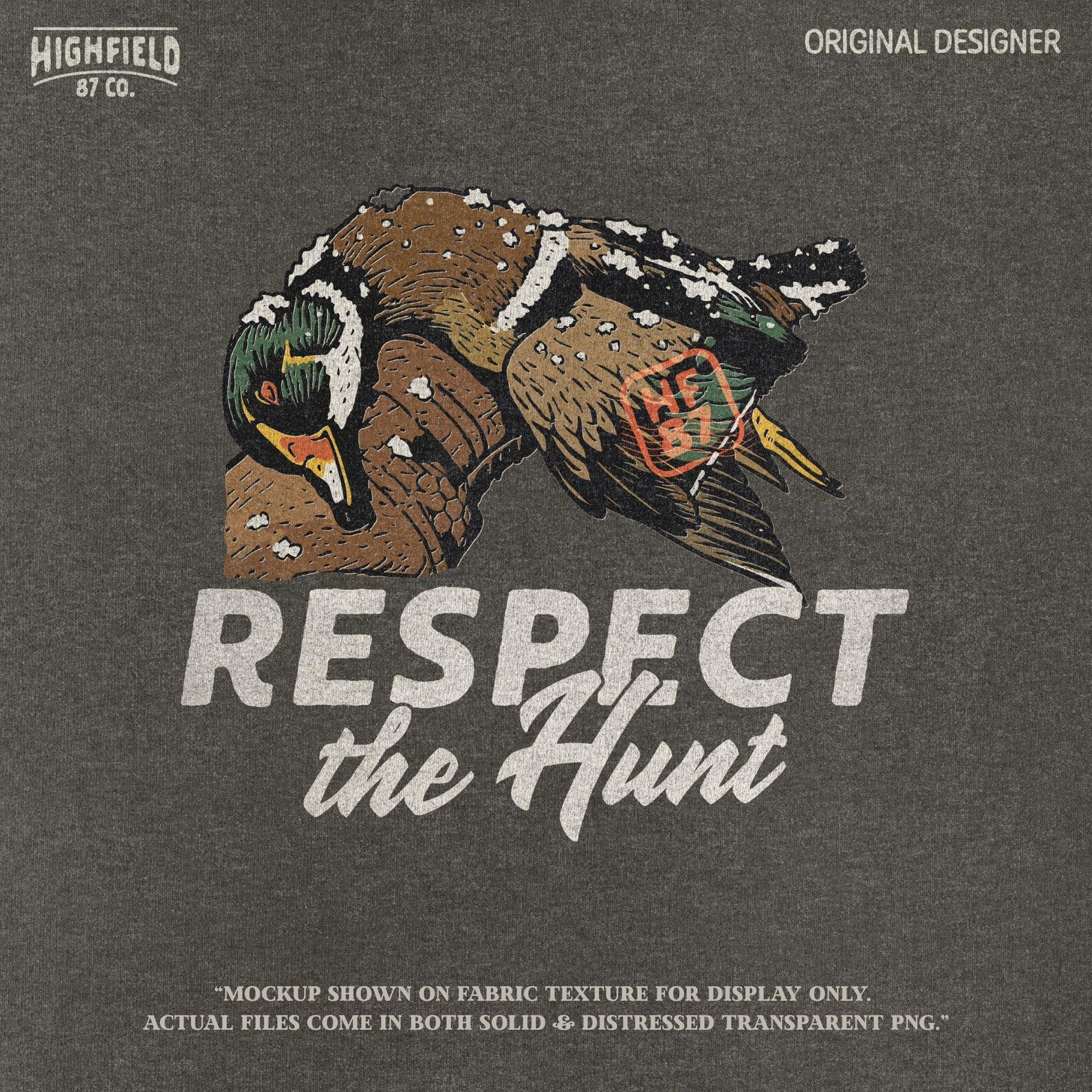 Mallard duck sublimation PNG with snow detail, displaying realistic feather textures and strong winter hunting vibes. Text underneath reads “Respect the Hunt.”