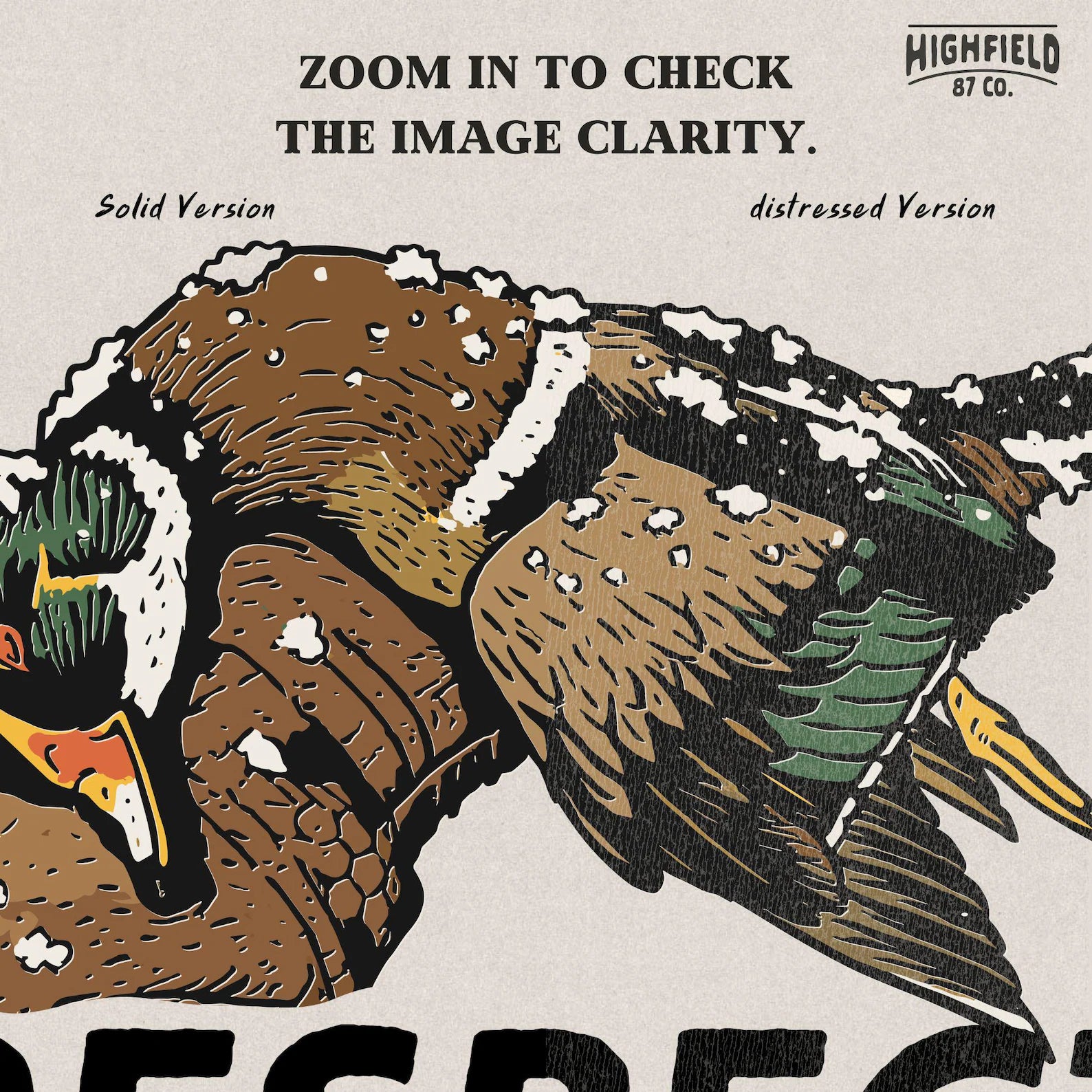 High-contrast graphic PNG of two greenhead mallard ducks lying in snow with bold lettering. Great for winter waterfowl hunting gear or camo apparel projects.