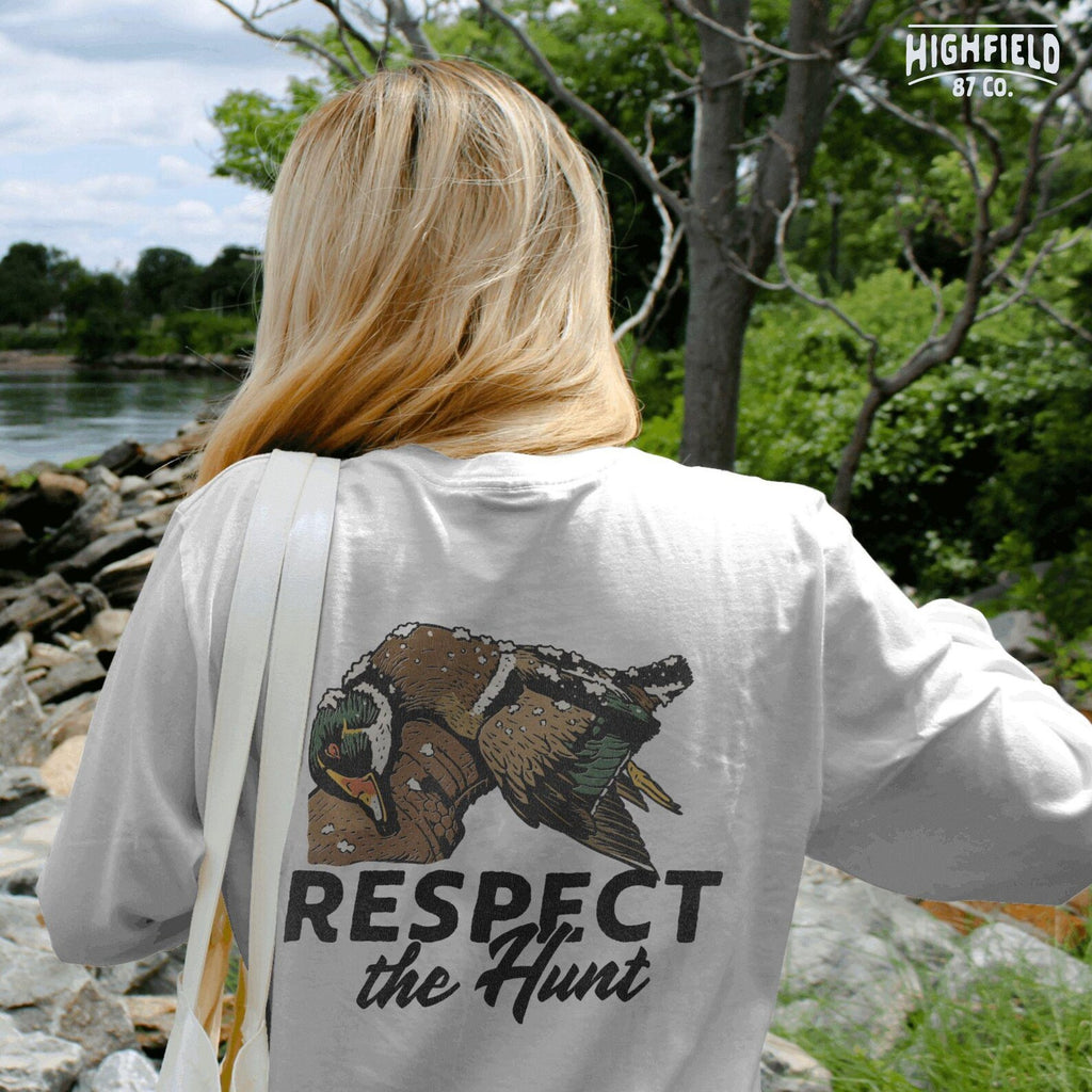 Duck hunting PNG for sublimation showing fallen mallards covered in snow. Bold lettering enhances the strong hunter statement: “Respect the Hunt.”