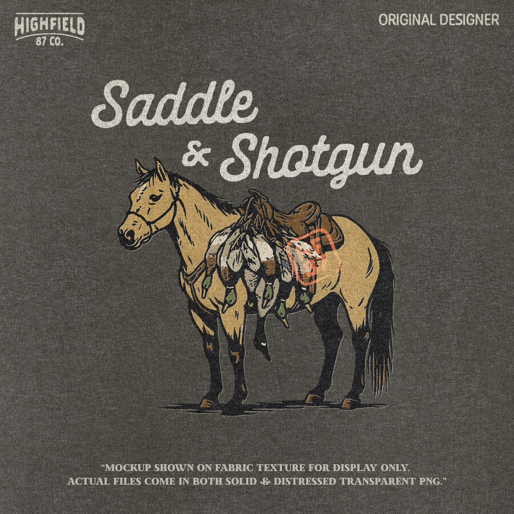 Saddle and Shotgun Hunting PNG | Horse with Saddle and Ducks Clipart | Western Hunting Shirt Design PNG for Sublimation | Digital Download