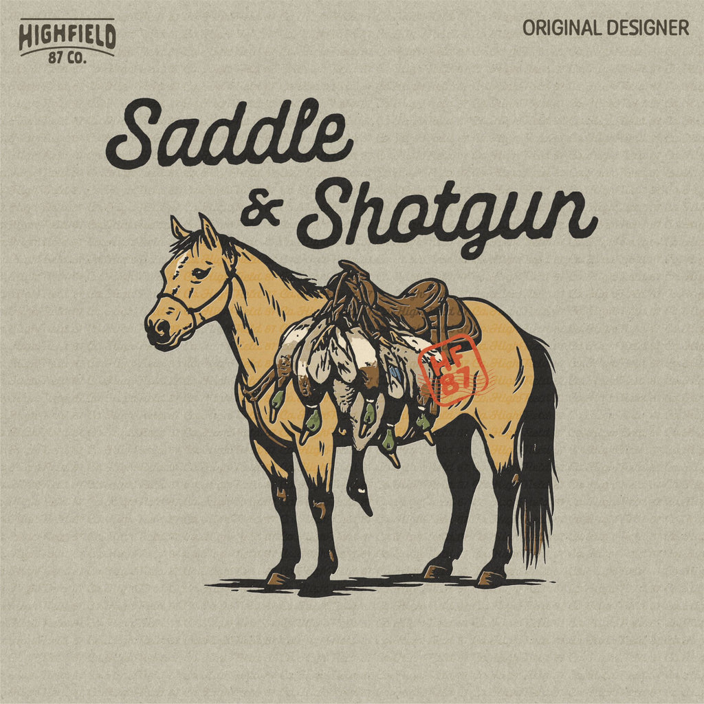 Saddle and Shotgun Hunting PNG | Horse with Saddle and Ducks Clipart | Western Hunting Shirt Design PNG for Sublimation | Digital Download