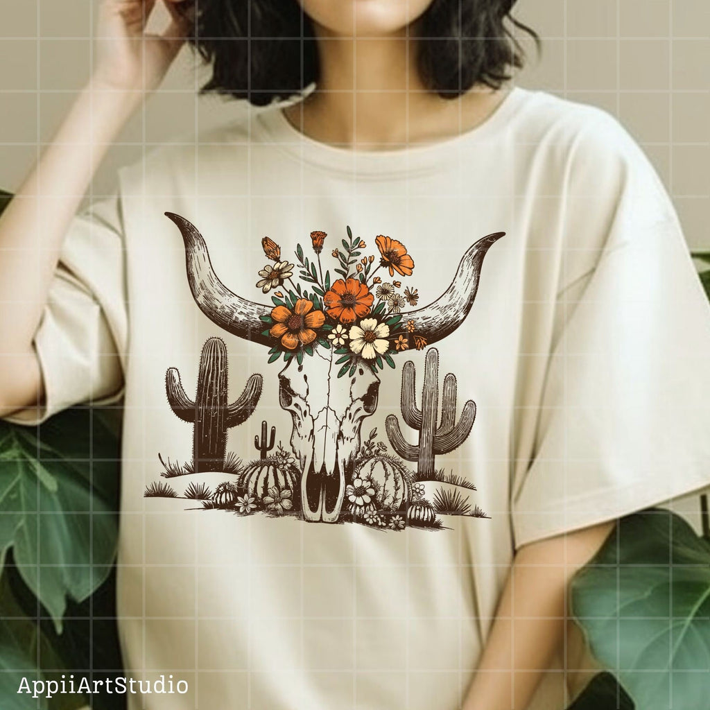 Western Desert Cow Skull Cactus, PNG Sublimations, Western Sublimations, Cowboy png, Designs Downloads, Shirt Design, Sublimation Download