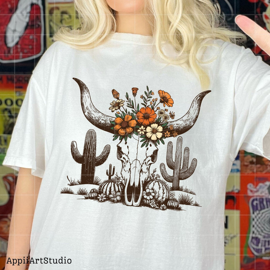 Western Desert Cow Skull Cactus, PNG Sublimations, Western Sublimations, Cowboy png, Designs Downloads, Shirt Design, Sublimation Download
