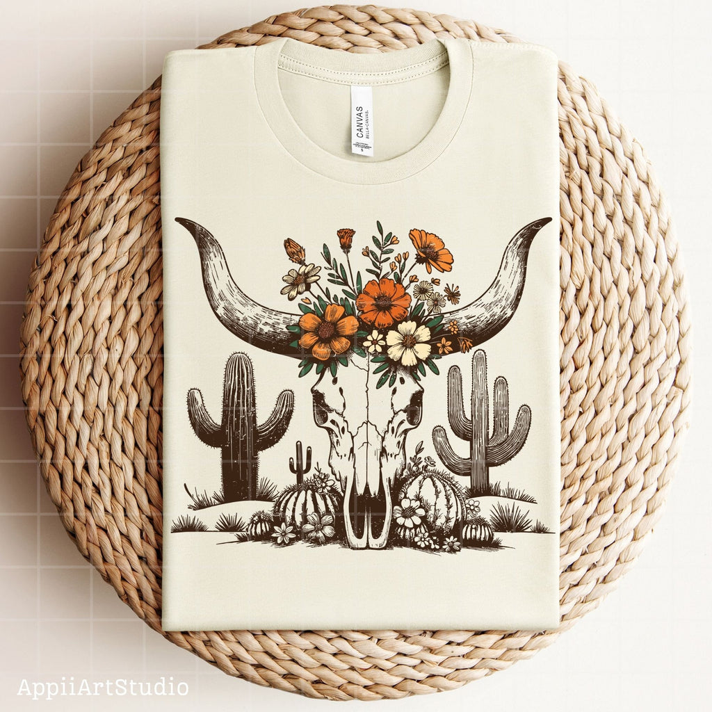 Western Desert Cow Skull Cactus, PNG Sublimations, Western Sublimations, Cowboy png, Designs Downloads, Shirt Design, Sublimation Download
