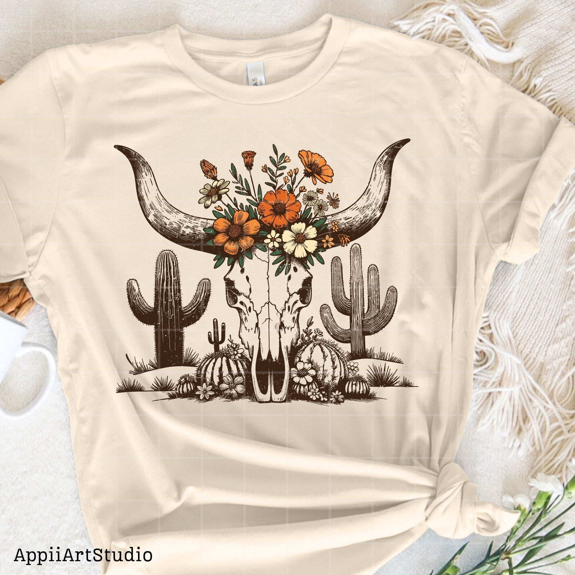 Western Desert Cow Skull Cactus, PNG Sublimations, Western Sublimations, Cowboy png, Designs Downloads, Shirt Design, Sublimation Download