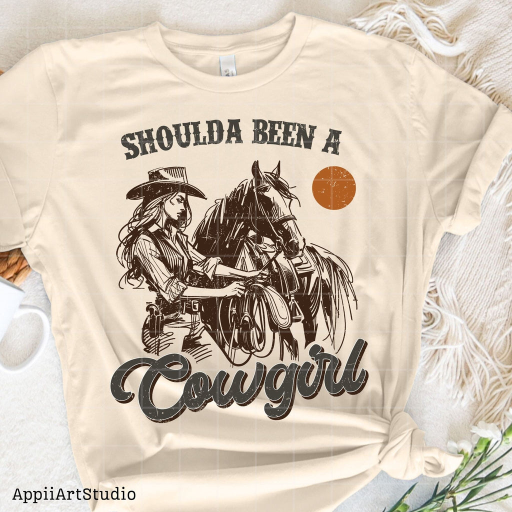 Shoulda Been a Cowgirl - Vintage Western Design, Western PNG Sublimation, Designs Downloads, PNG Clipart, Shirt Design, Sublimation Download