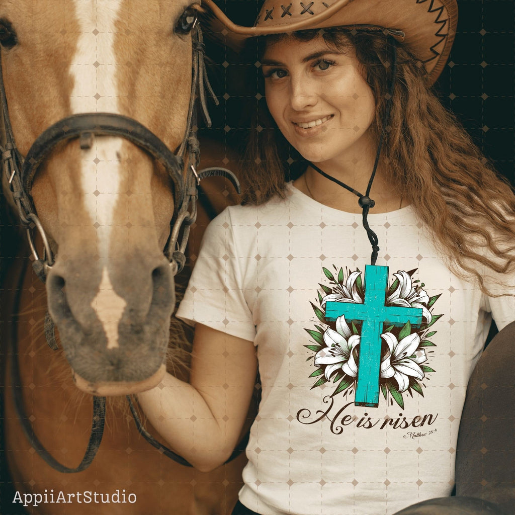 He is Risen png, Matthew 28:6, Turquoise Cross png, Sublimation Design, Christian Country Png,Western Religious Png,Christian Png,Easter png
