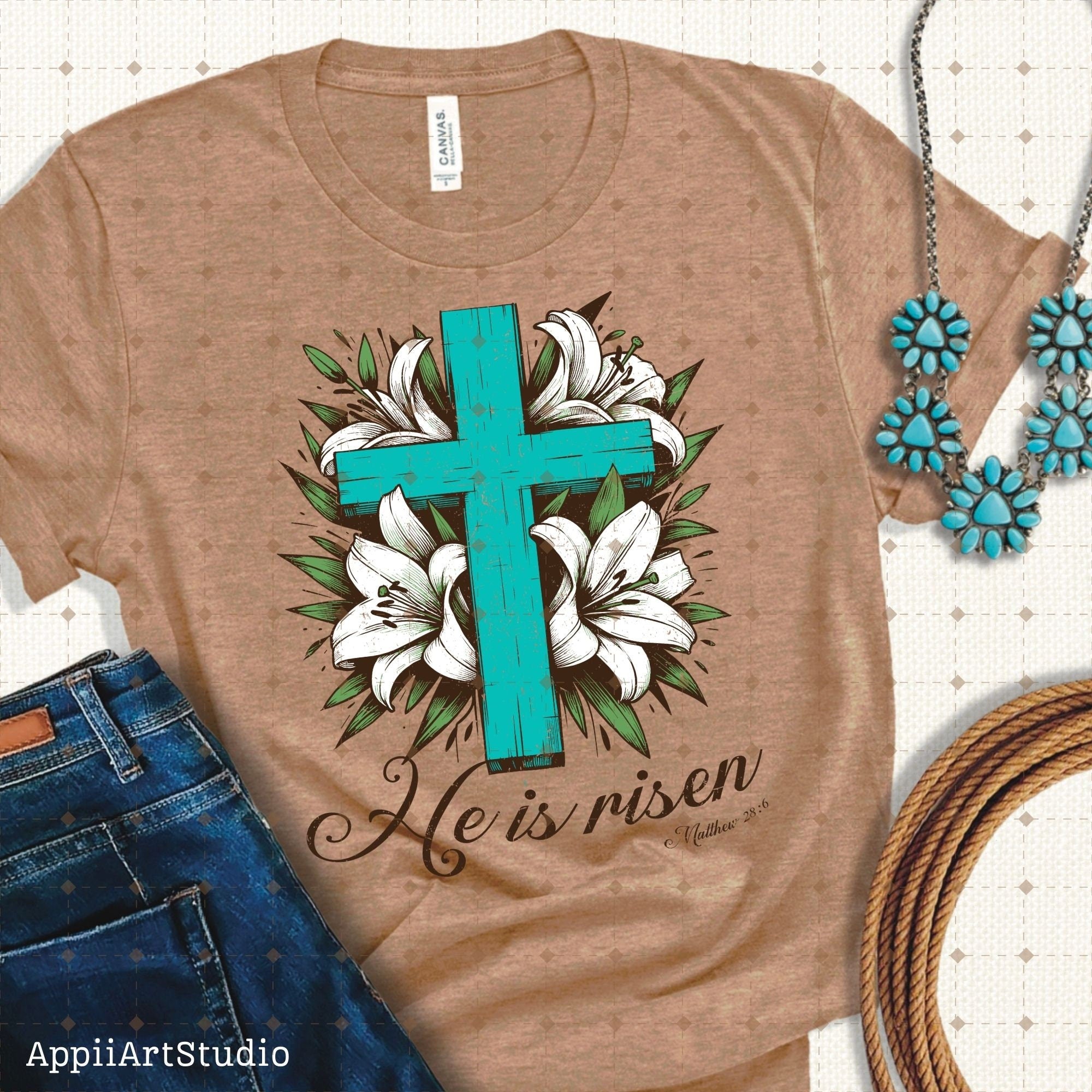 He is Risen png, Matthew 28:6, Turquoise Cross png, Sublimation Design, Christian Country Png,Western Religious Png,Christian Png,Easter png