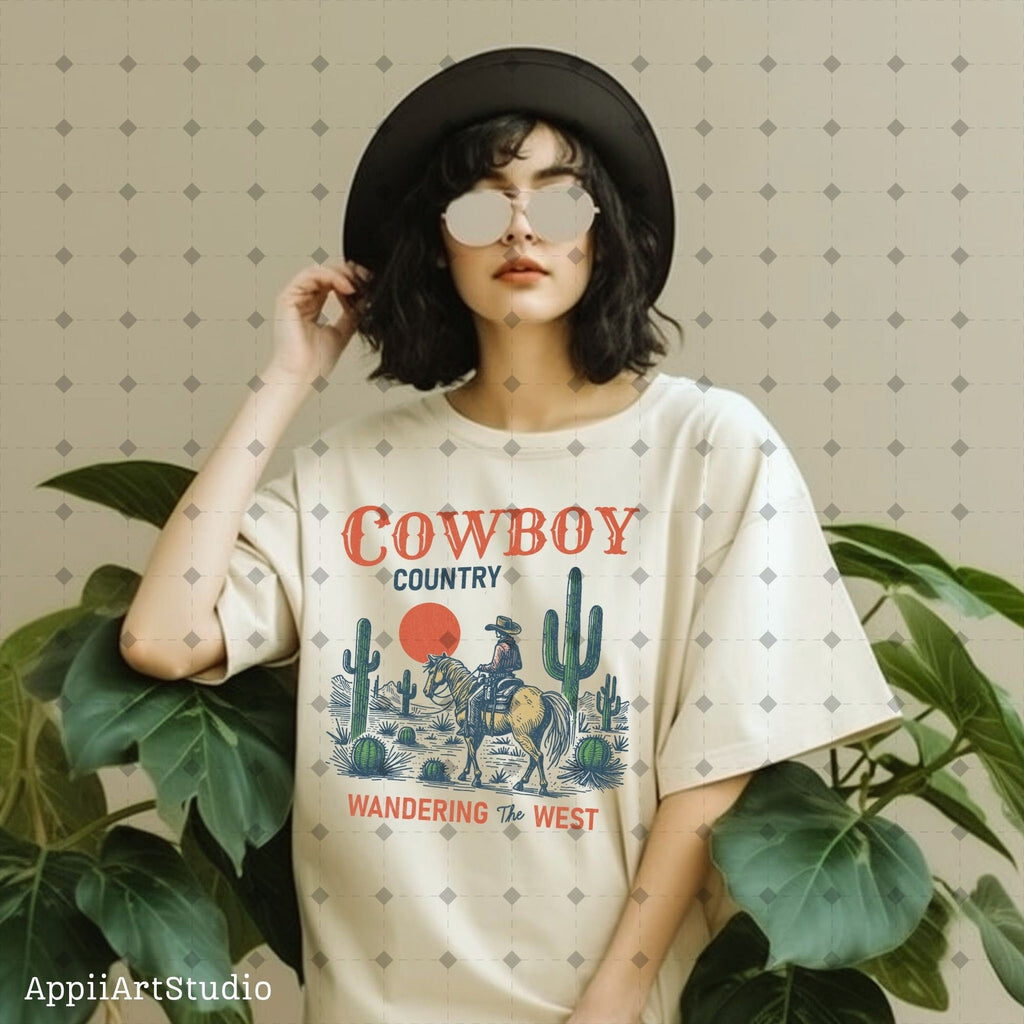 Cowboy country wondering the west png, Western Cowboy png, Western Shirt Design PNG, Western PNG, Vintage Style PNG, Desert Western Png