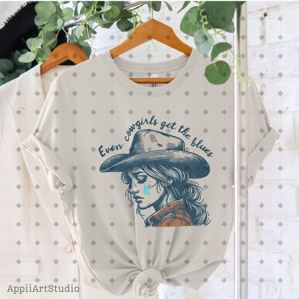 Even cowgirls get the blues PNG, Western Shirt Design, Western PNG, Vintage Style Png, Western Design, Cowgirl Png, Boho girl,hand drawn png