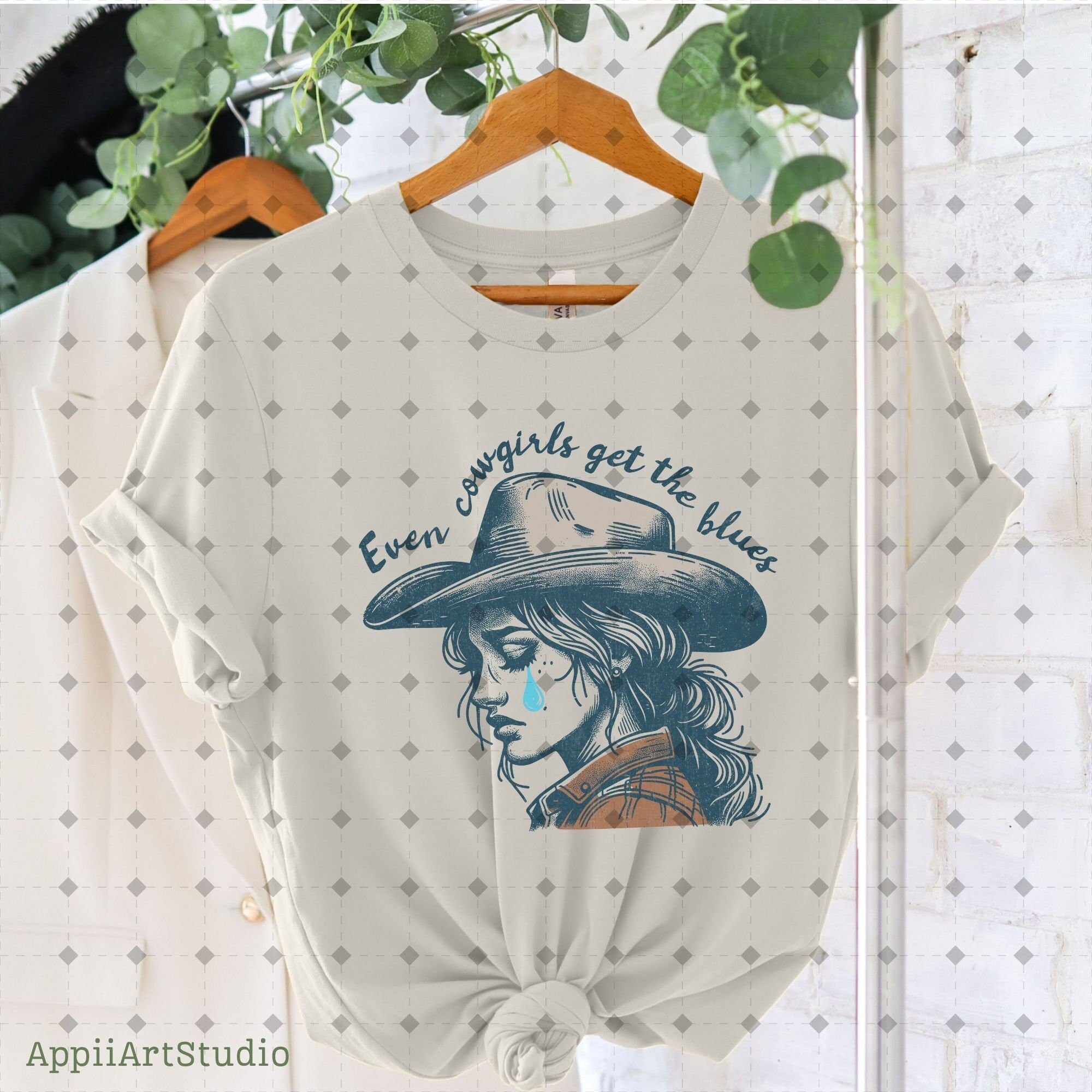 Even cowgirls get the blues PNG, Western Shirt Design, Western PNG, Vintage Style Png, Western Design, Cowgirl Png, Boho girl,hand drawn png