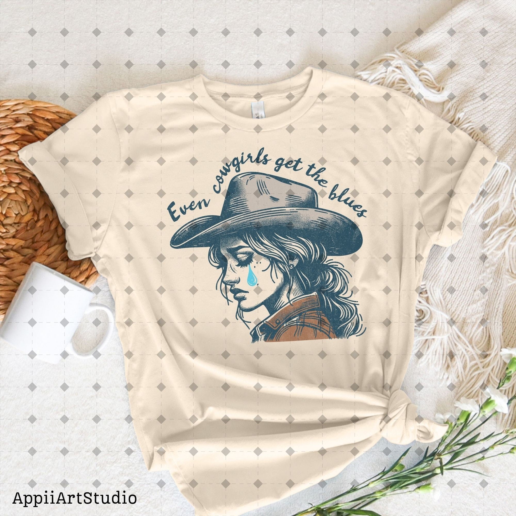 Even cowgirls get the blues PNG, Western Shirt Design, Western PNG, Vintage Style Png, Western Design, Cowgirl Png, Boho girl,hand drawn png