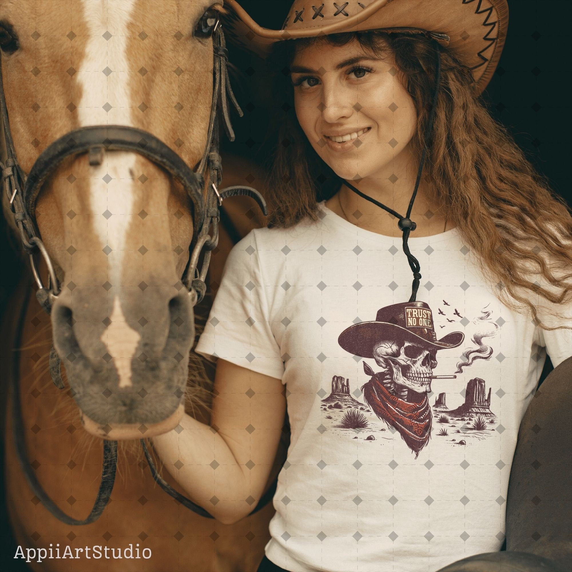 Trust No One Png , Western Cowboy Skull Design PNG, Western PNG, Vintage Style PNG, Western Design, Desert Western Png, hand drawn png