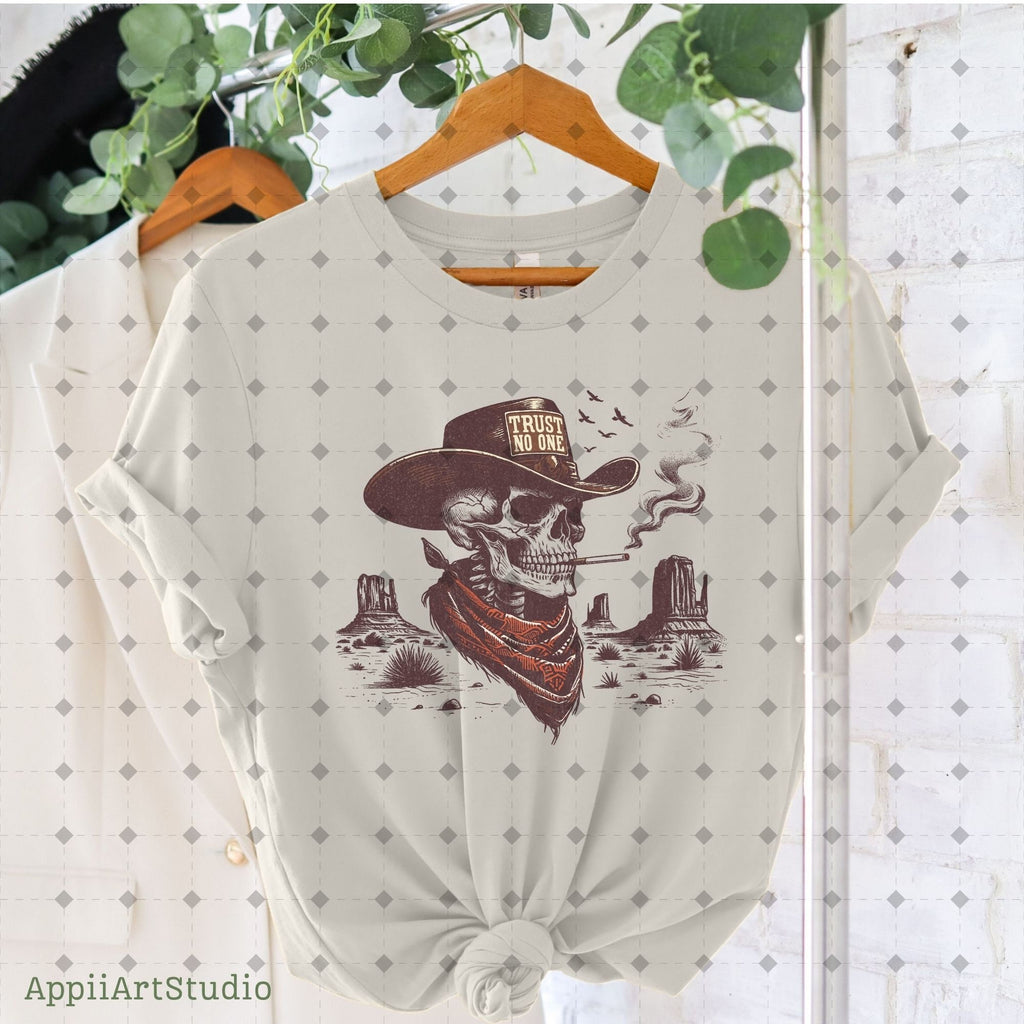 Trust No One Png , Western Cowboy Skull Design PNG, Western PNG, Vintage Style PNG, Western Design, Desert Western Png, hand drawn png