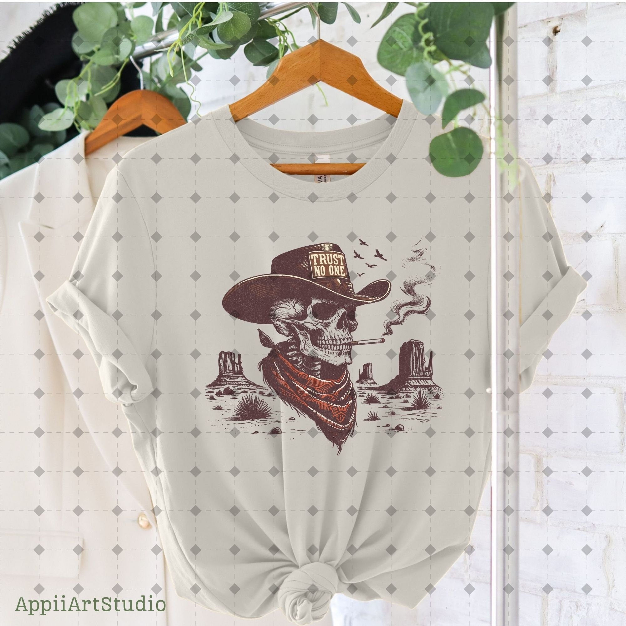 Trust No One Png , Western Cowboy Skull Design PNG, Western PNG, Vintage Style PNG, Western Design, Desert Western Png, hand drawn png