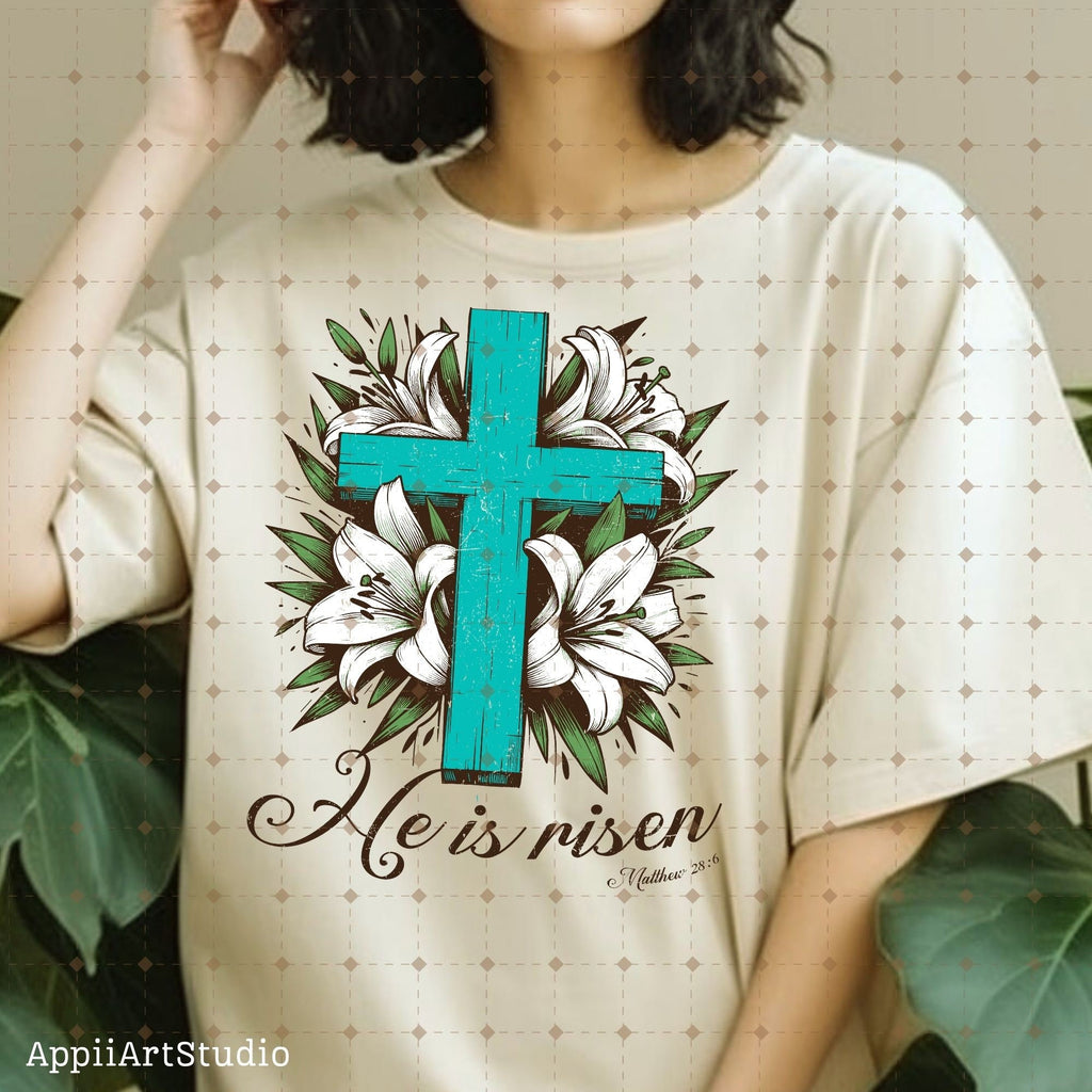 He is Risen png, Matthew 28:6, Turquoise Cross png, Sublimation Design, Christian Country Png,Western Religious Png,Christian Png,Easter png