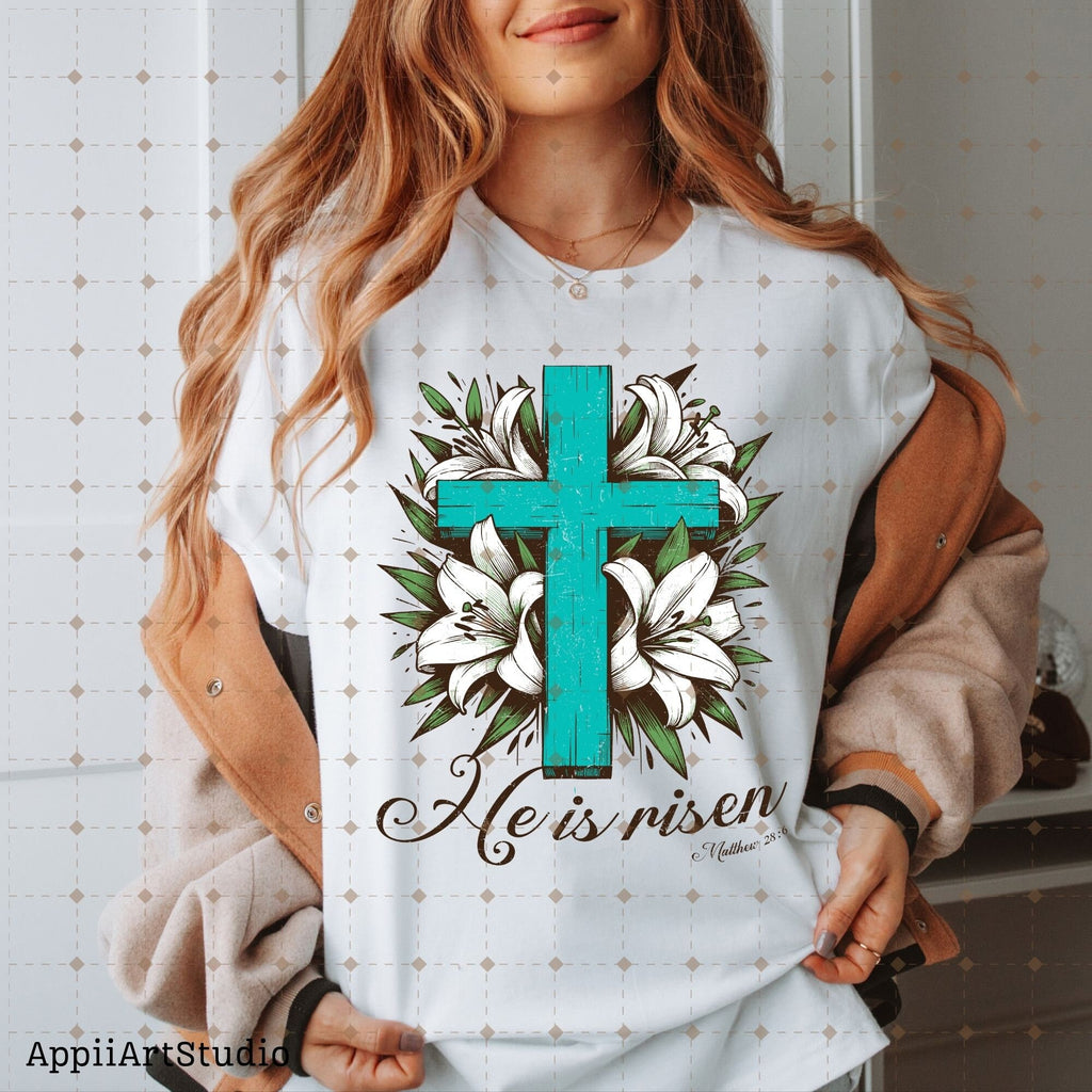 He is Risen png, Matthew 28:6, Turquoise Cross png, Sublimation Design, Christian Country Png,Western Religious Png,Christian Png,Easter png
