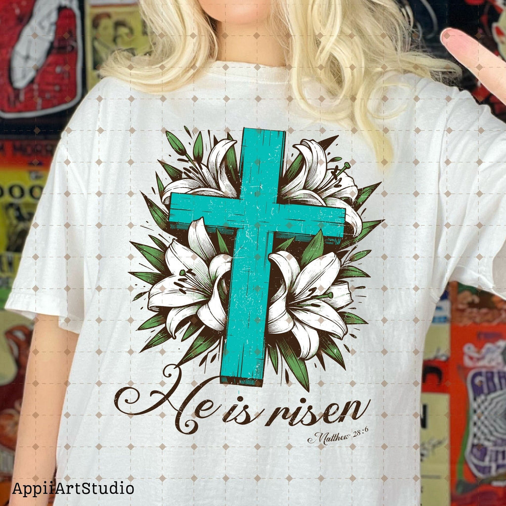 He is Risen png, Matthew 28:6, Turquoise Cross png, Sublimation Design, Christian Country Png,Western Religious Png,Christian Png,Easter png