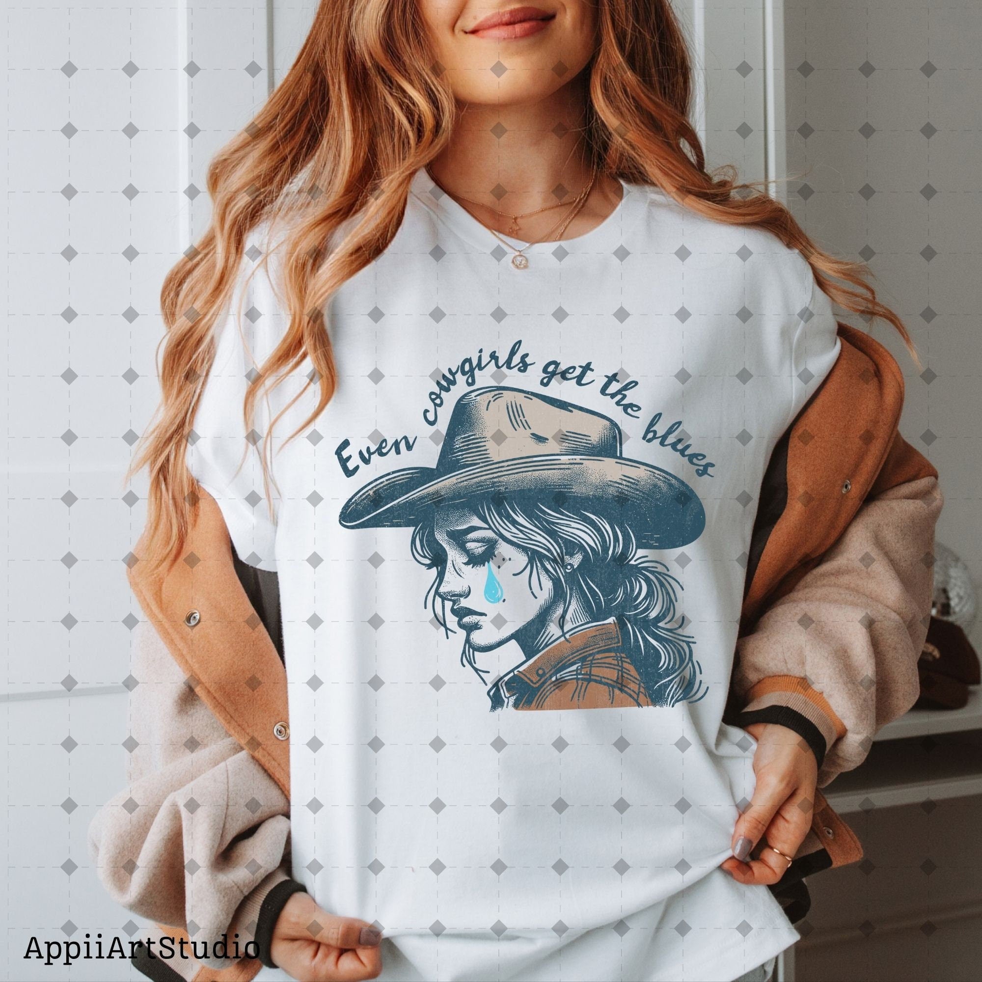 Even cowgirls get the blues PNG, Western Shirt Design, Western PNG, Vintage Style Png, Western Design, Cowgirl Png, Boho girl,hand drawn png