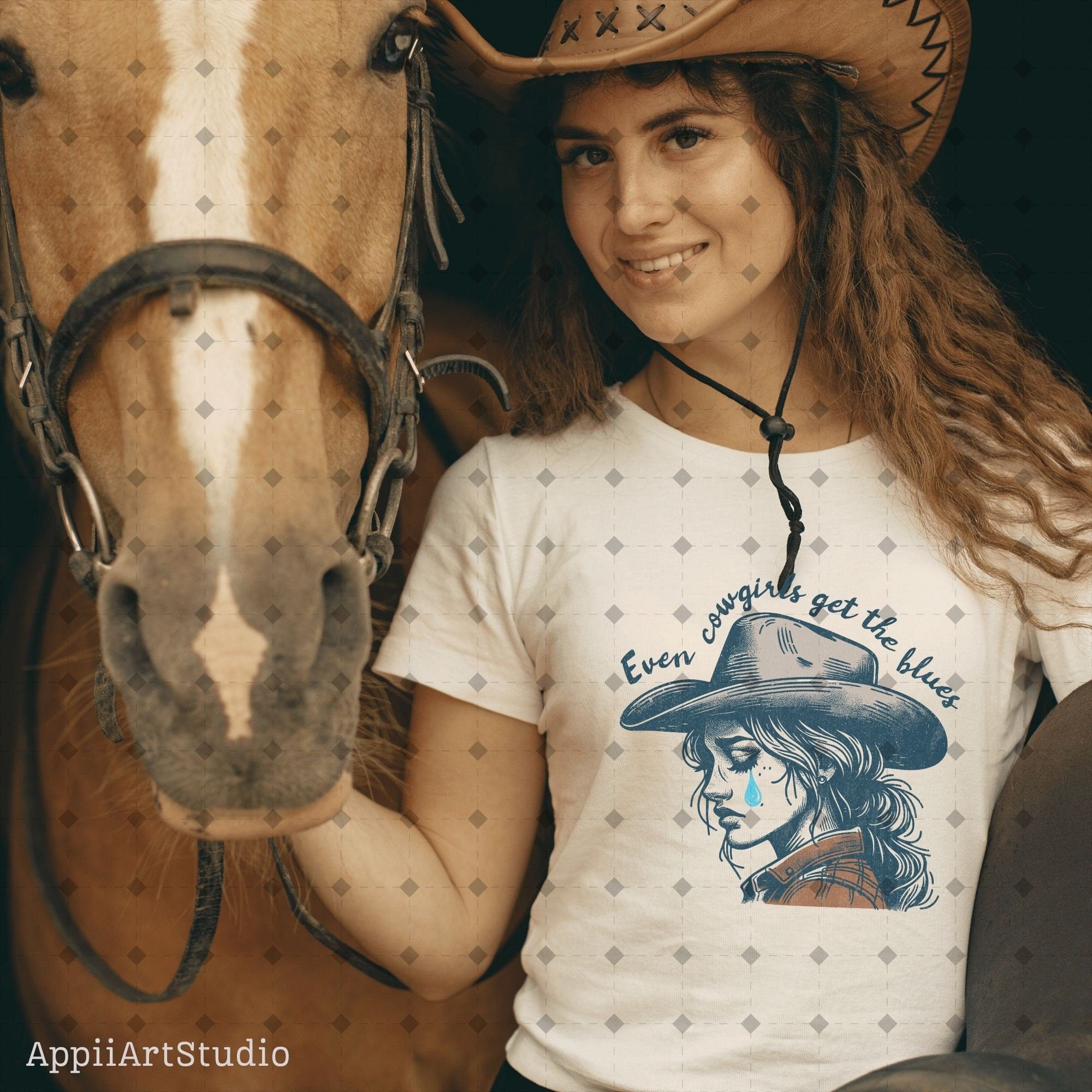 Even cowgirls get the blues PNG, Western Shirt Design, Western PNG, Vintage Style Png, Western Design, Cowgirl Png, Boho girl,hand drawn png