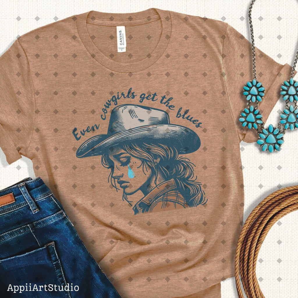 Even cowgirls get the blues PNG, Western Shirt Design, Western PNG, Vintage Style Png, Western Design, Cowgirl Png, Boho girl,hand drawn png
